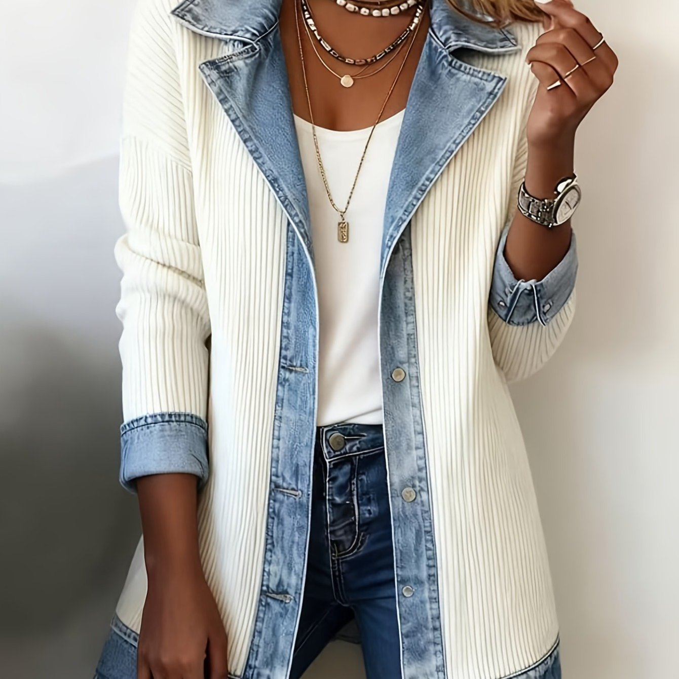Image of Women's Casual Spliced Jacket, Open-front Top With Loose Neckline, Slim-fit Autumn And Winter Coat With Long Sleeves And Single-breasted Buttons
