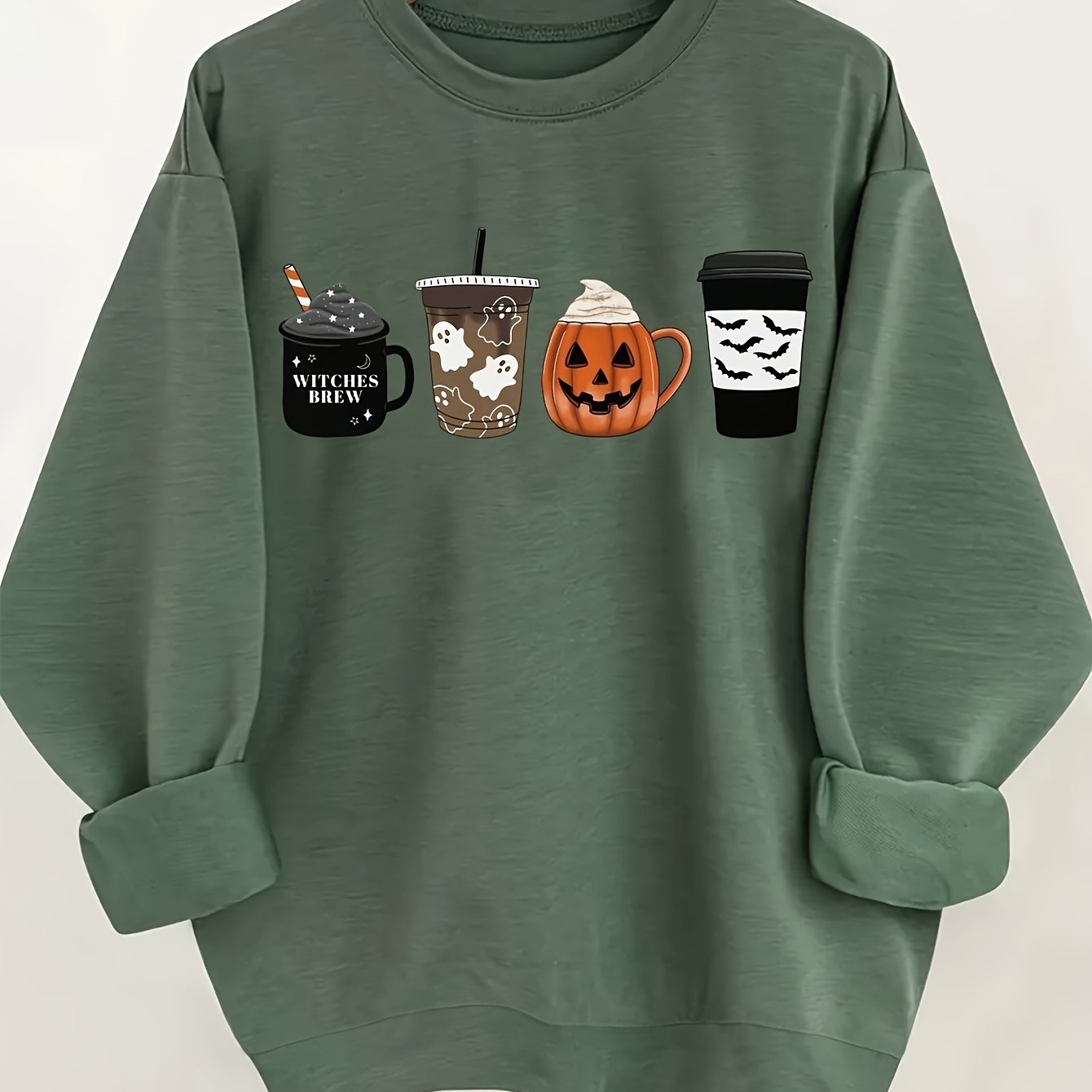 TEMU Women's Halloween Fashion Printed Sweatshirt, Casual Crew Neck Polyester (60% Polyester, 35% Rayon, 5% Spandex), Knit Fabric, , 240gsm - Green