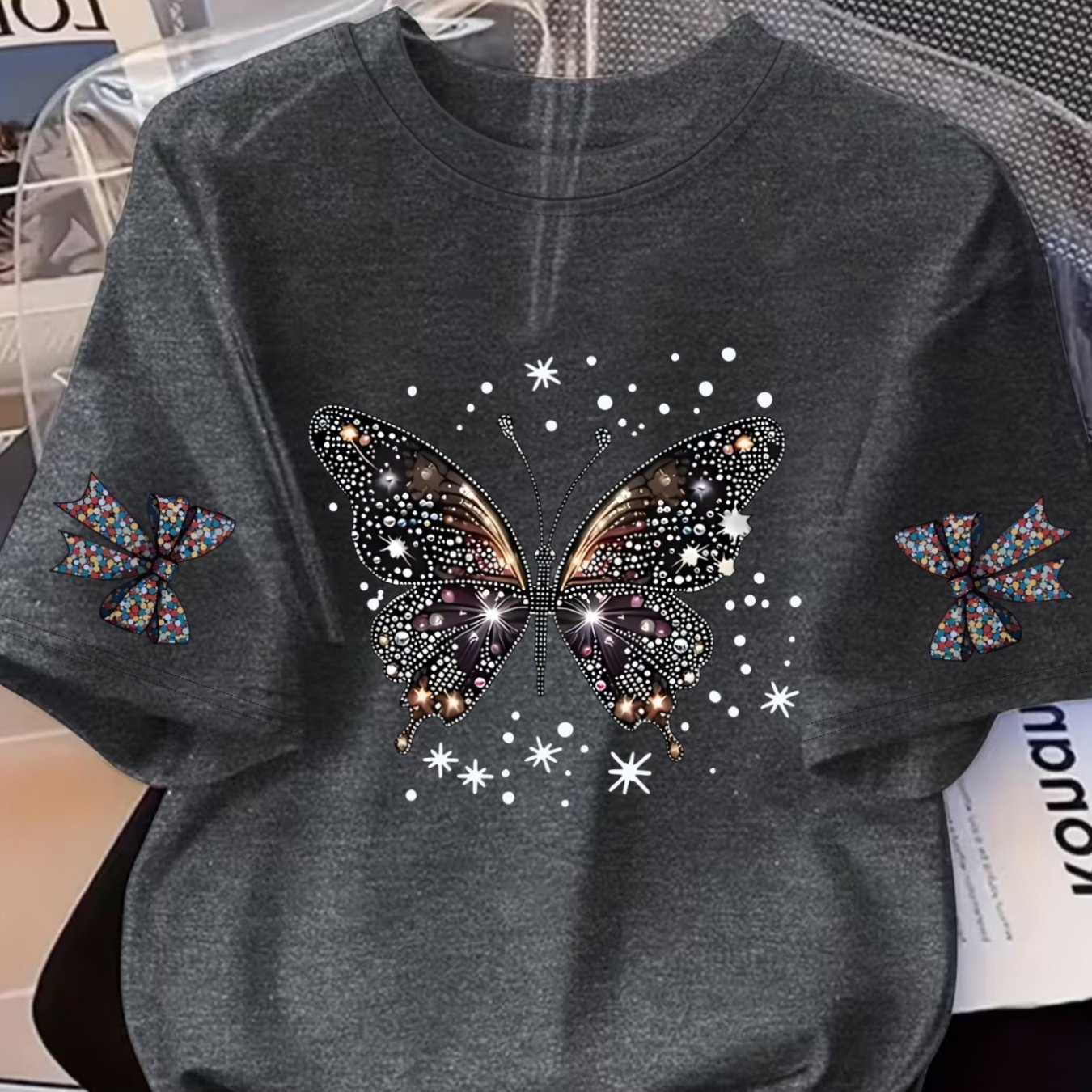 TEMU Plus Size - Dark Tone Rhinestone Star And Cuff Rhinestone Bow Print Plus Size Women's Graphic Tee