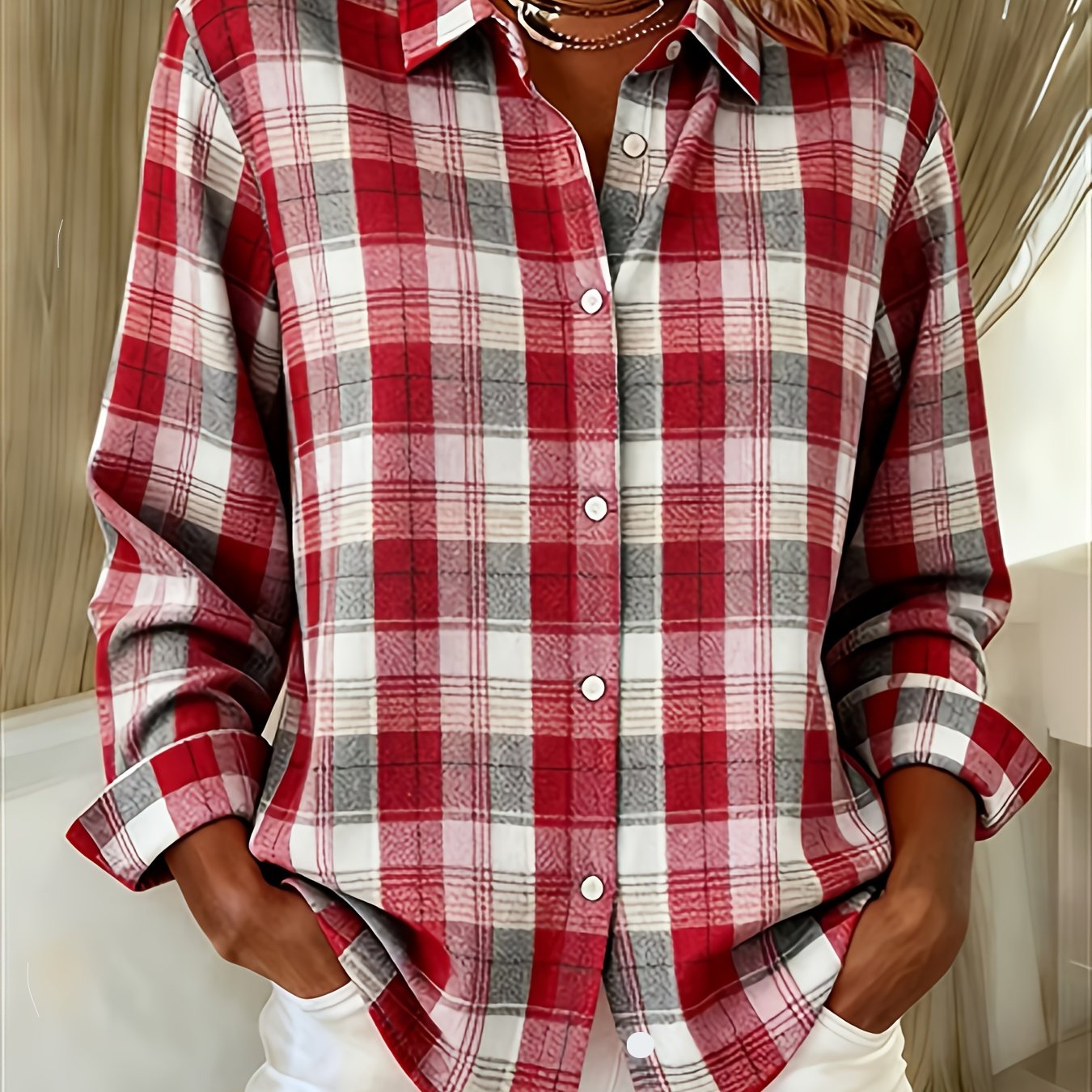 TEMU [printed Design â Not Textured] Women's Fashion Long Sleeve Shirt - Loose Fit Plaid Shirt - Women's Autumn Versatile Casual Blouse - Elegant