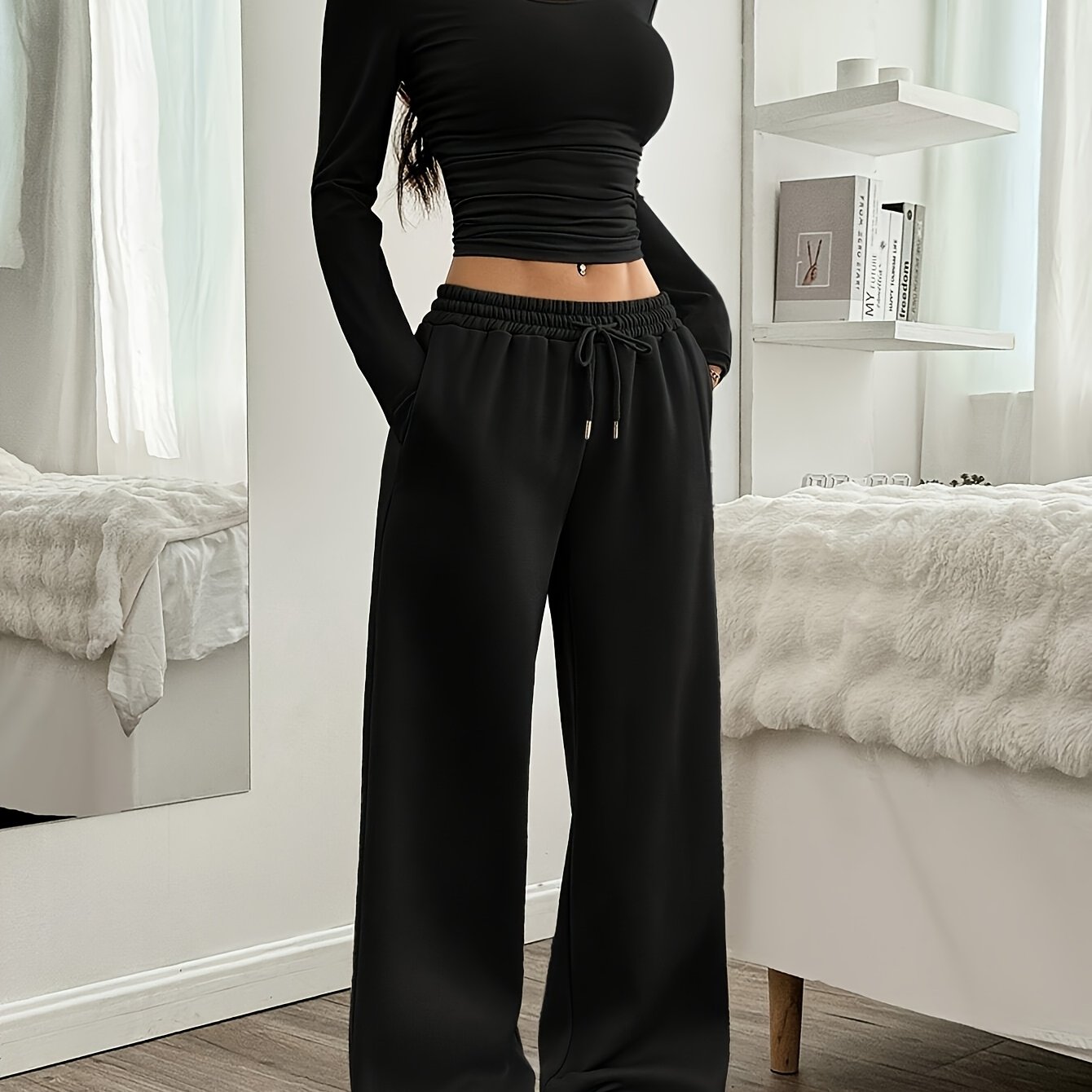 2pcs Women's Crew Neck Solid Color Slim Fit Long-sleeved Top And Pants