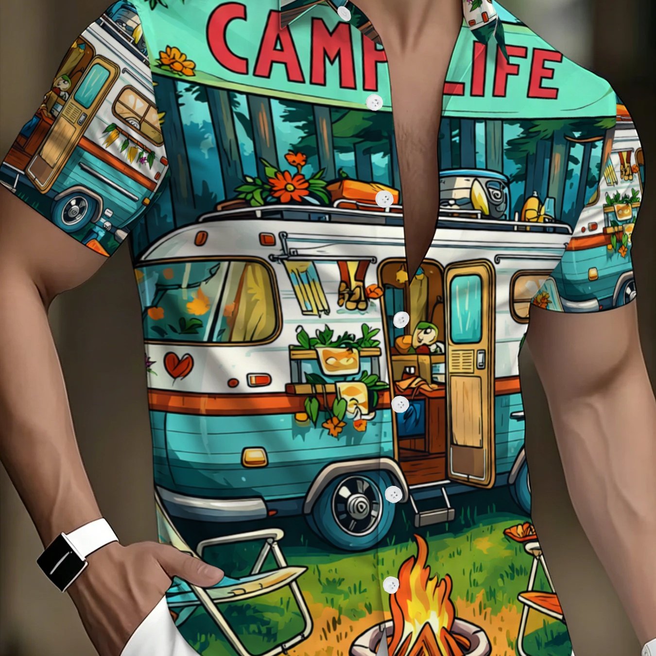 TEMU Men's Casual Short Sleeve Shirt Van Pattern Printed Lapel Cardigan Outdoor Camping Themed Vacation Travel Casual Wear Top Loose Comfortable For