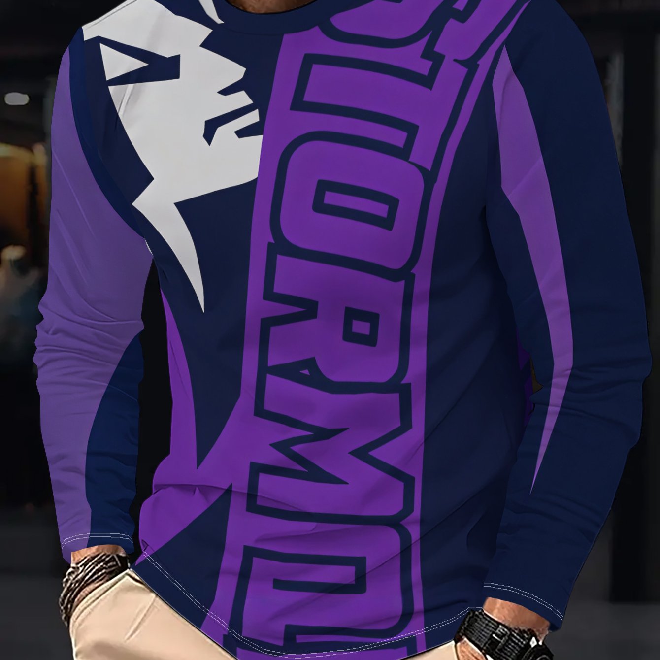 TEMU This Men's Casual Long-sleeve T-shirt Features A Geometric Style Female Profile And 'stormoi' On A Purple Background. Soft And Comfortable,