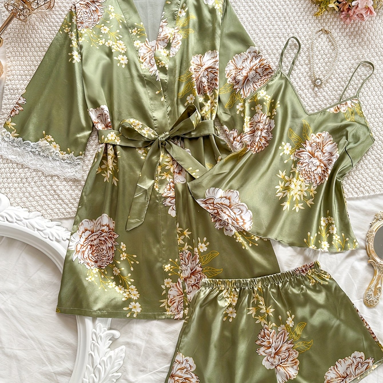 E-shop 3-teiliges elegantes, romantisches Damen Robe Set, Nachthemd, Cami Shorts, Ganzjahres-Pyjama