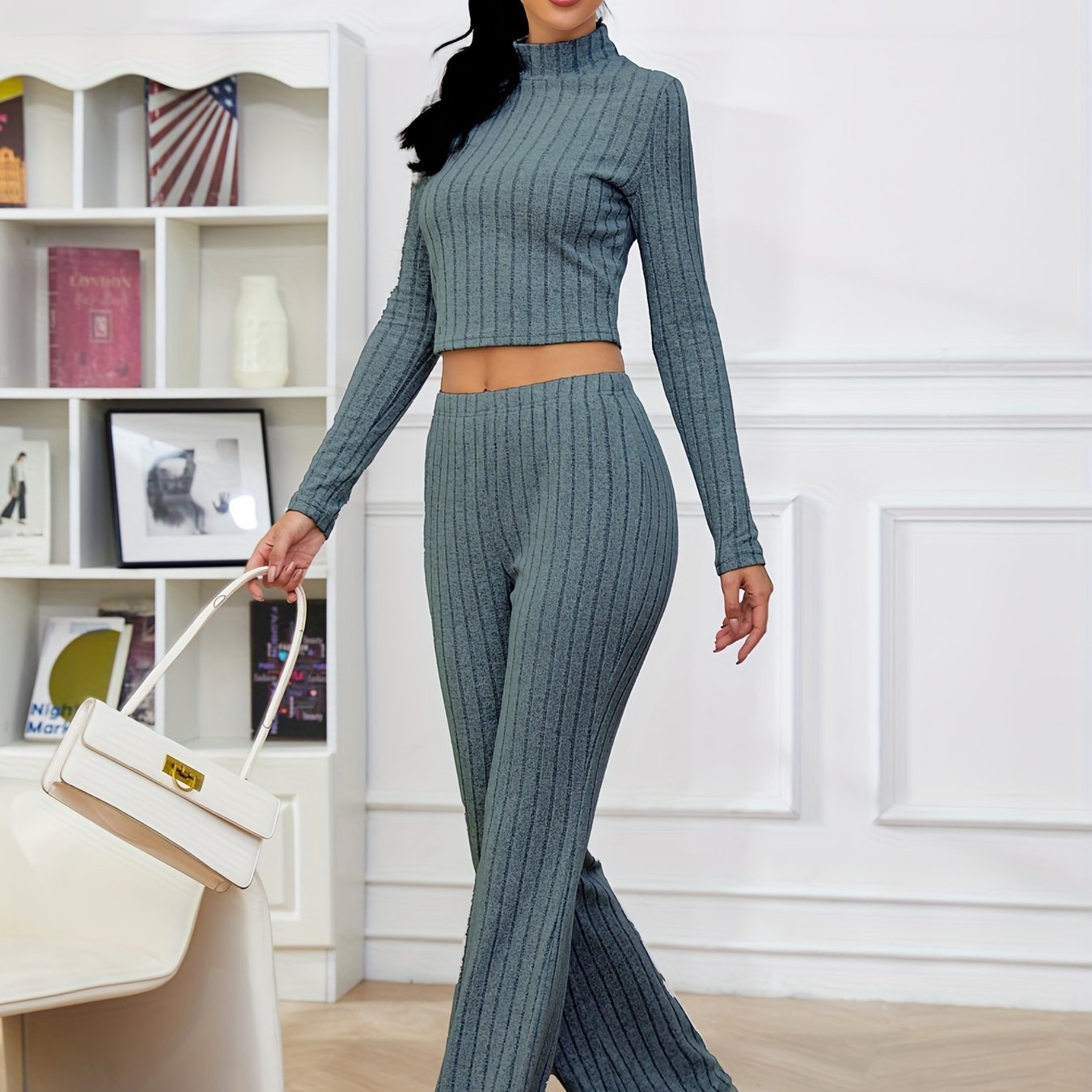 Solid Ribbed Two piece Set Funnel Neck Long Sleeve Tops High - Temu Canada