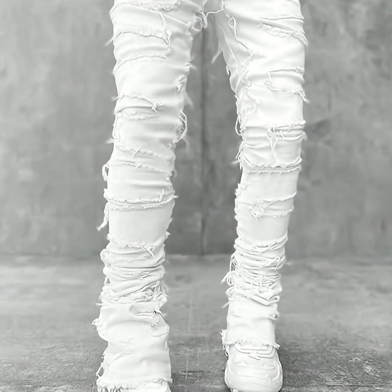 TEMU [hme] Men's Jeans, -, Fashionable And Creative Tassel Design, Hip-hop Y2k Trendy Style, Fringed Details At The Hem, Mid-waist Elastic Slim