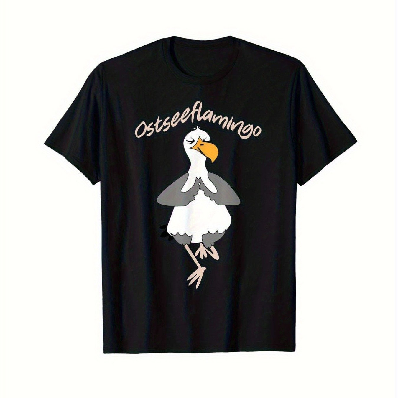 Men's Sea Flamingo & Seagull Graphic T-shirt - 200gsm Heavyweight 100% Cotton Casual Round Neck Short Sleeve, Black With Print, Fit For Casual Attire, Beach & Coastal Outfits - Single-sided Print