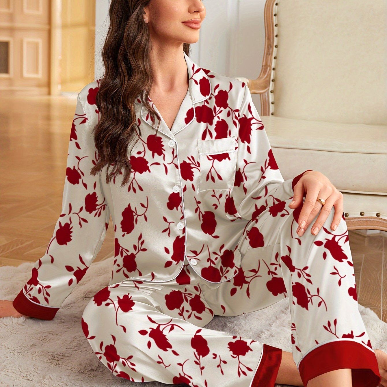 Elegant Women's Floral Print Long-sleeve Pajama Set With A Collar And Long Pants