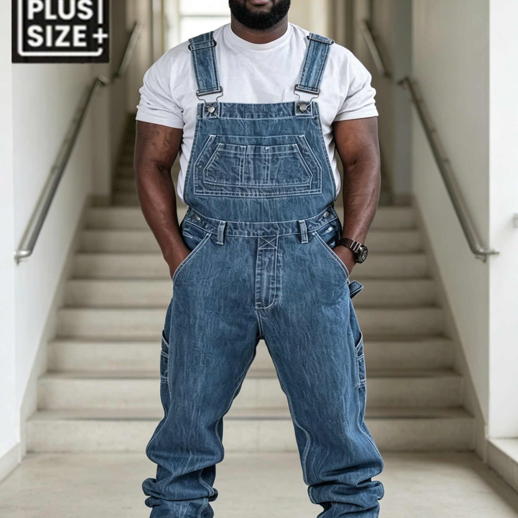 Hme Plus Size Men's Dark Blue Contrast Cargo Denim Overalls, Loose Wide Leg Straight Fit, Multi , Adjustable Strap Casual Pants, Denim Jumpsuit For Daily