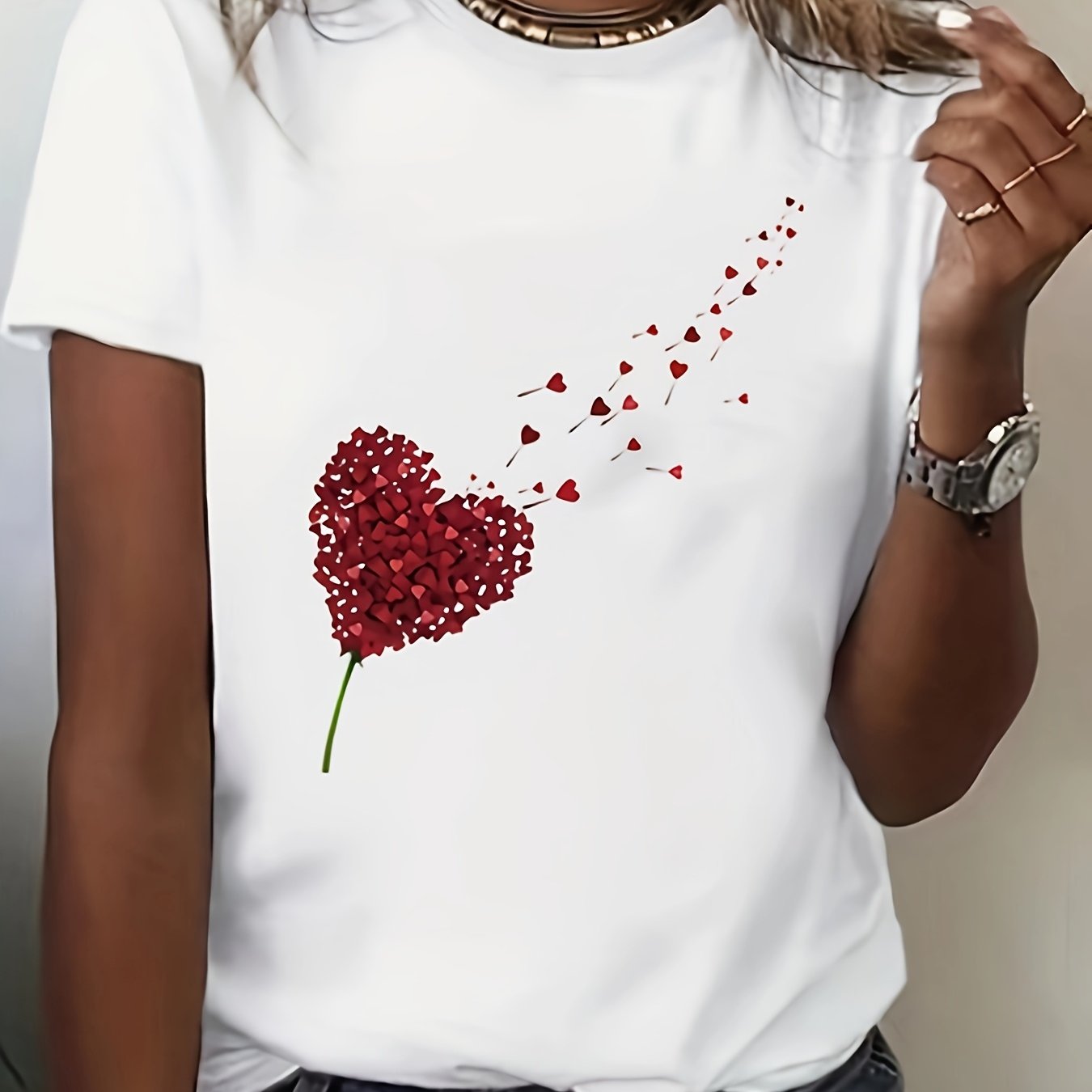 E-shop Damen Freizeit-T-Shirt in Übergröße mit Herz-Aufdruck, Kurzarm-Top mit Rundhalsausschnitt, mit -Design, schlicht anspruchsvoll, lässig elegant,