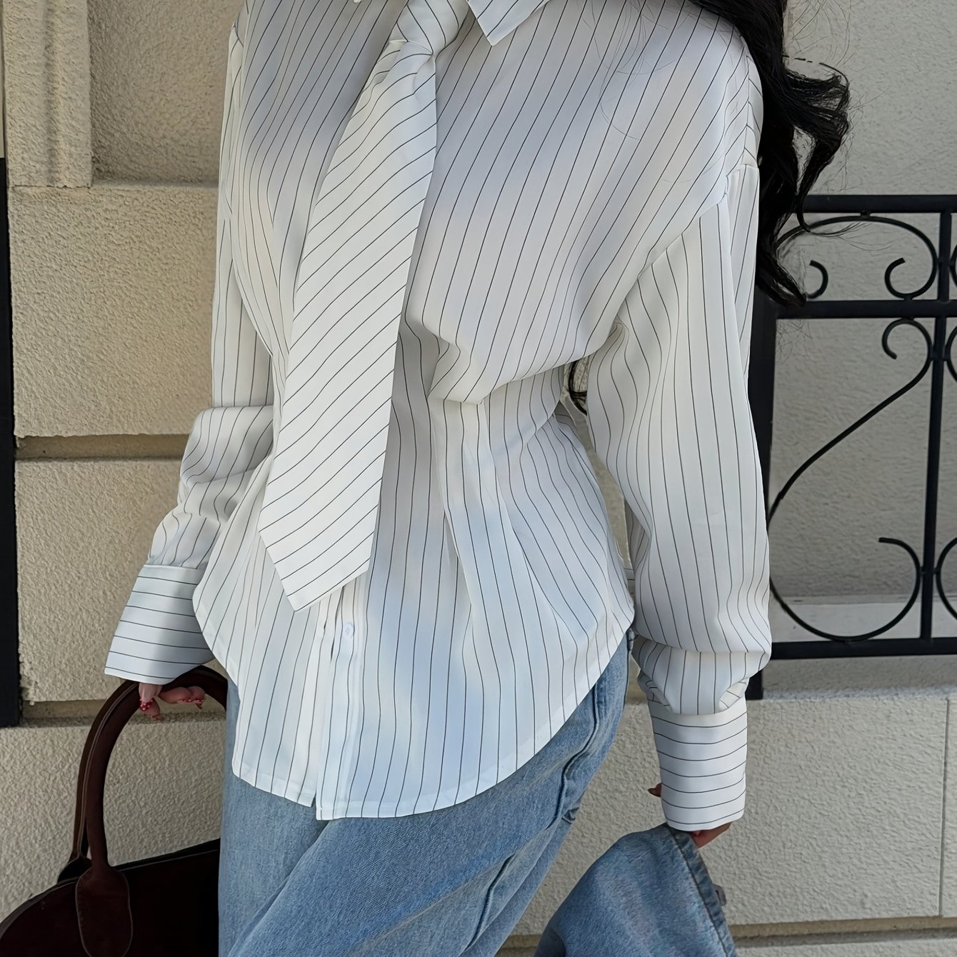 TEMU Women's Fine Pinstripe Lapel Collar Shirt With A Bow Tie And Long Sleeves, Ideal For Workplace Settings Or Formal Everyday Wearâlong Sleeve