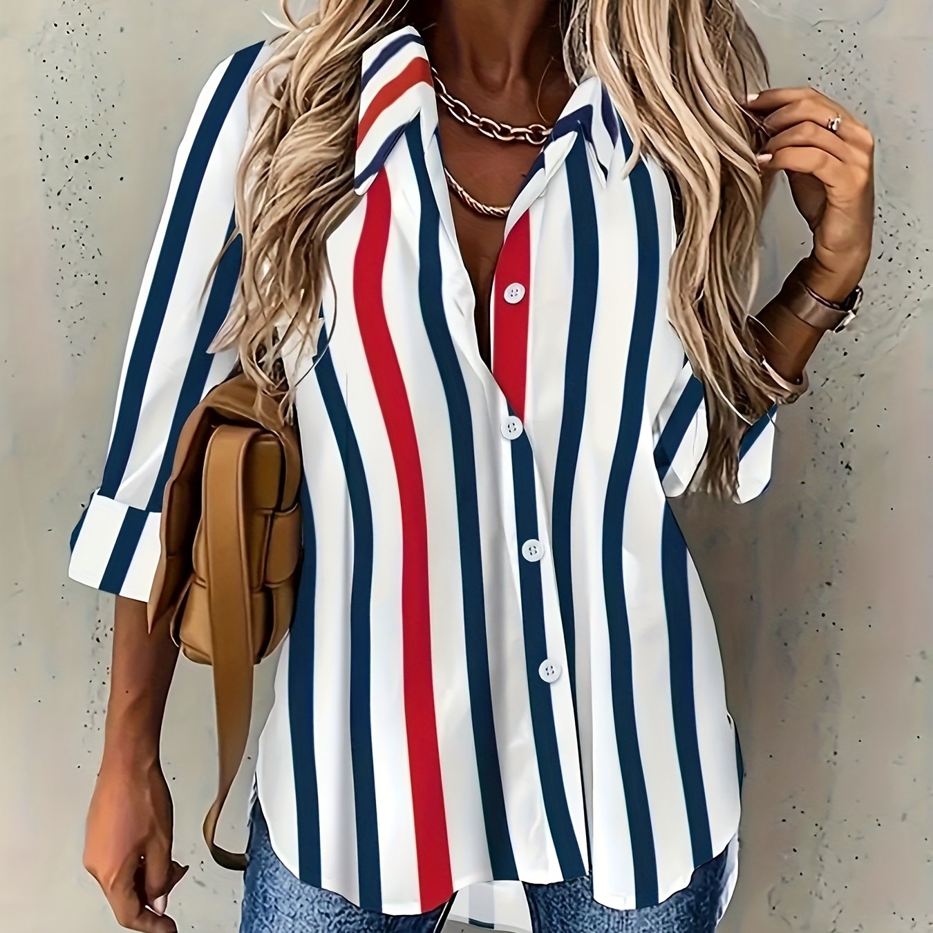 Image of Plus Size, Elegant And Stylish New Women's Long-sleeve Shirt With A Colorful Striped Print And Lapel Collar, Suitable For Of Spring, Summer, Autumn, And Winter, Machine Washable