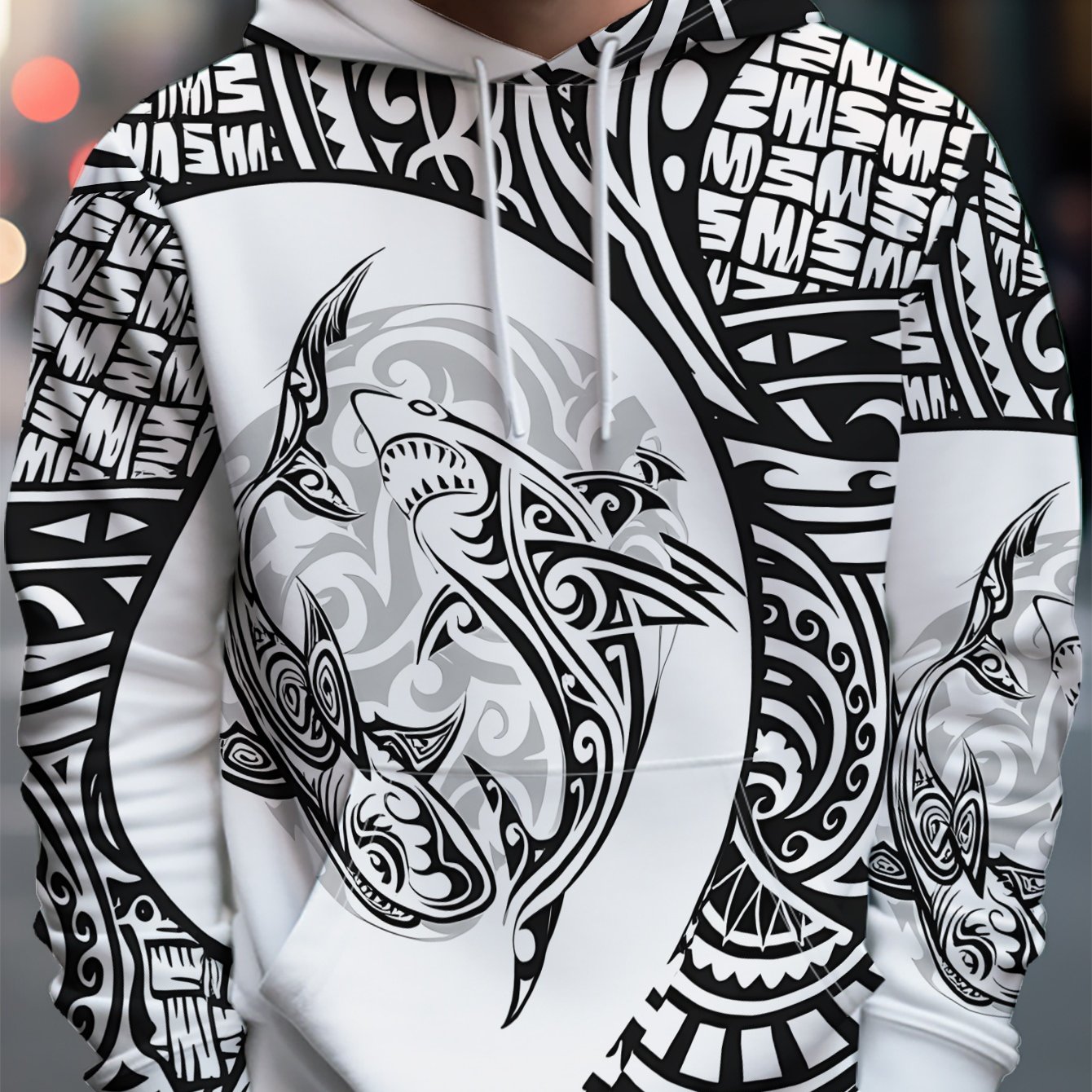 TEMU Spring/autumn Men's Polynesian Shark Totem Print Hooded Sweatshirt, Casual Outing Top