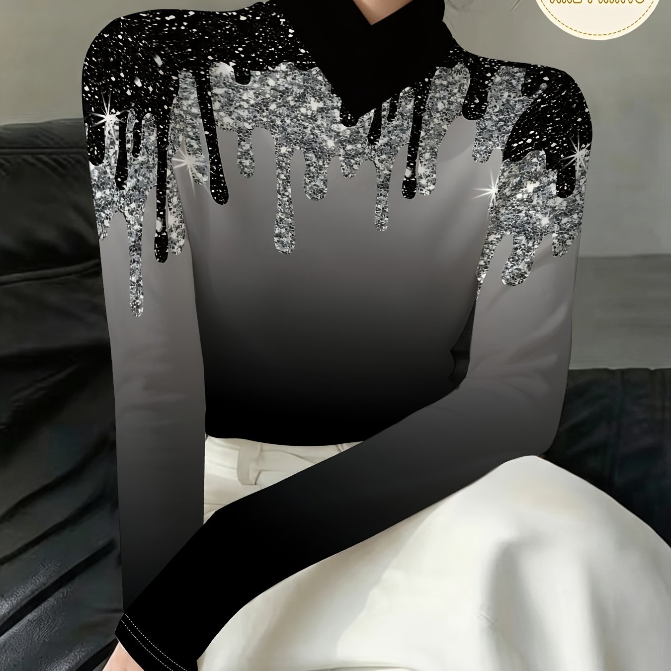 TEMU Sequined Effect Print Women's Cross Neck Long Sleeve Base Shirt Top, Slim Casual Commute Women's Long Sleeve T-shirt