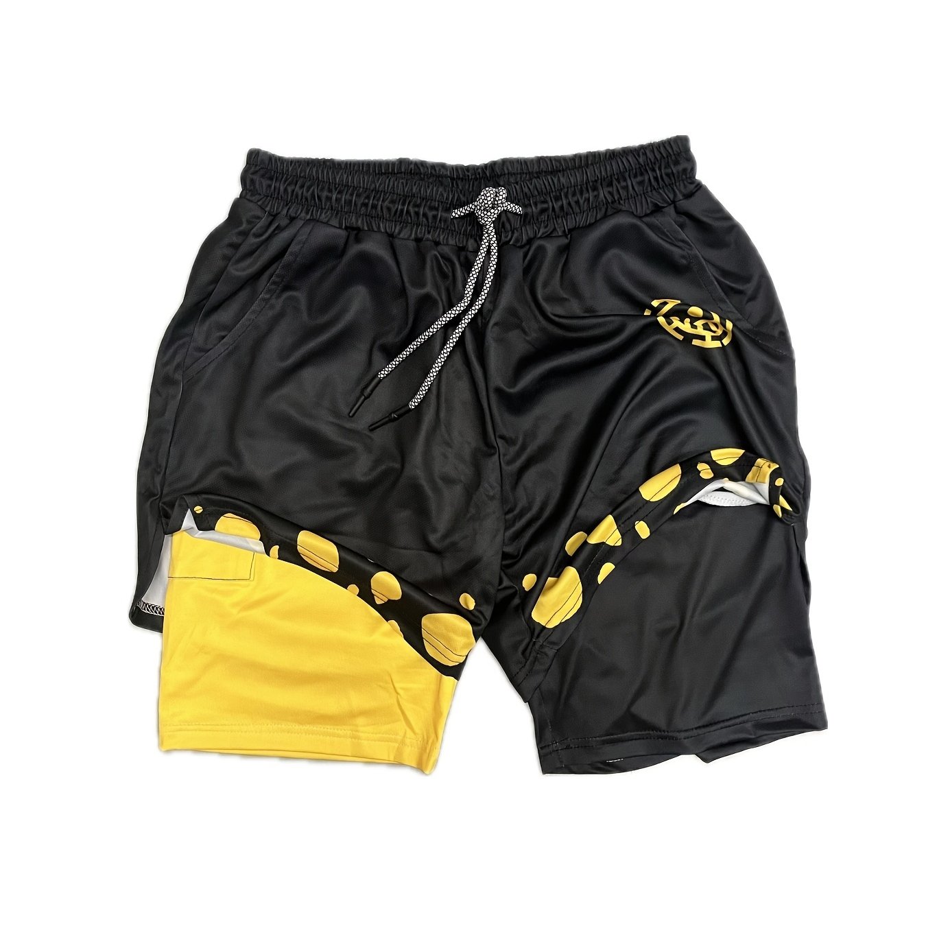 TEMU Men's Cartoon Anime Shorts - Double Layer, Breathable Polyester, 2-in-1 Compression And Active Drawstring Shorts For Fitness Training, Beach, Outdoor Activities