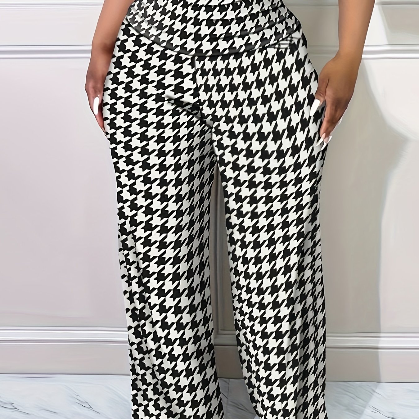 Plus Size Elegant Pants Women's Plus Houndstooth Print High - Temu