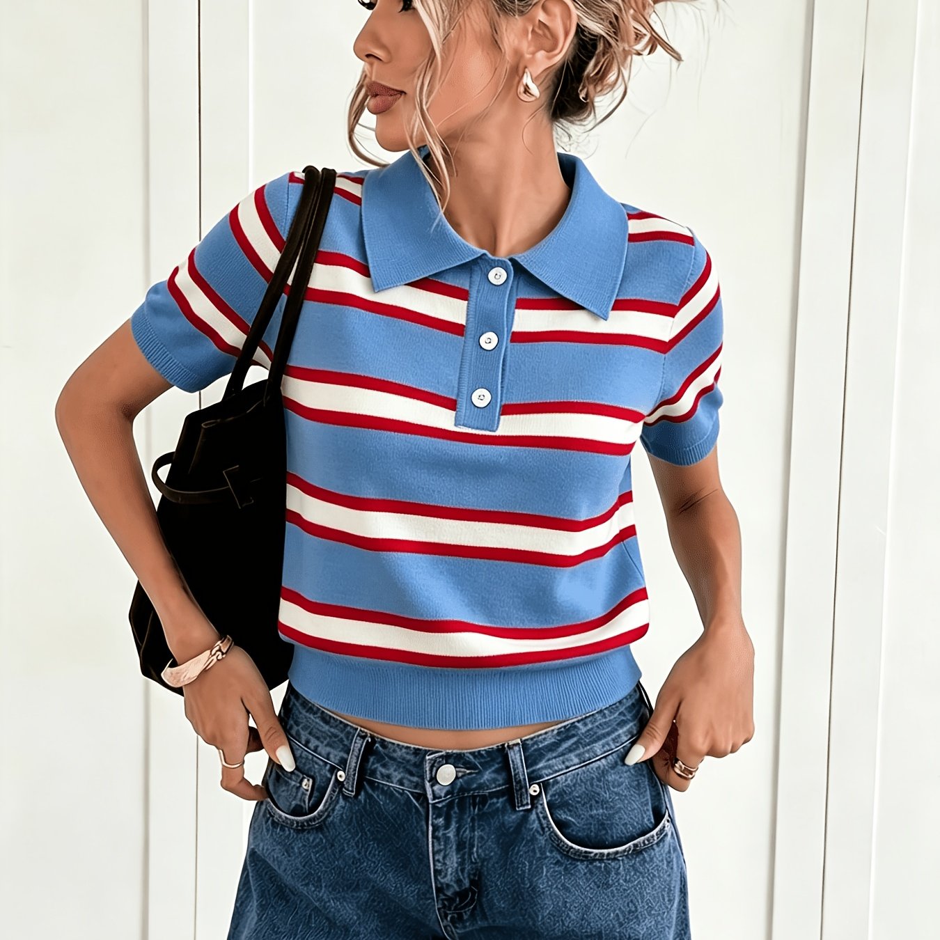 TEMU Yfof Women's Elegant Button-up Collar Blouse - Short Sleeve Striped Top With -line Silhouette, Half- Button Front & Medium Stretch Suitable For
