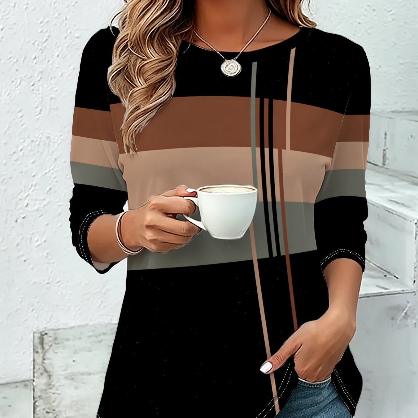 TEMU Women's Fashion T-shirt, Geometric , Mixed Colors, Multi-sizes , Fabric, Minimalist Modern Aesthetic, Suitable For Daily Wear And Casual