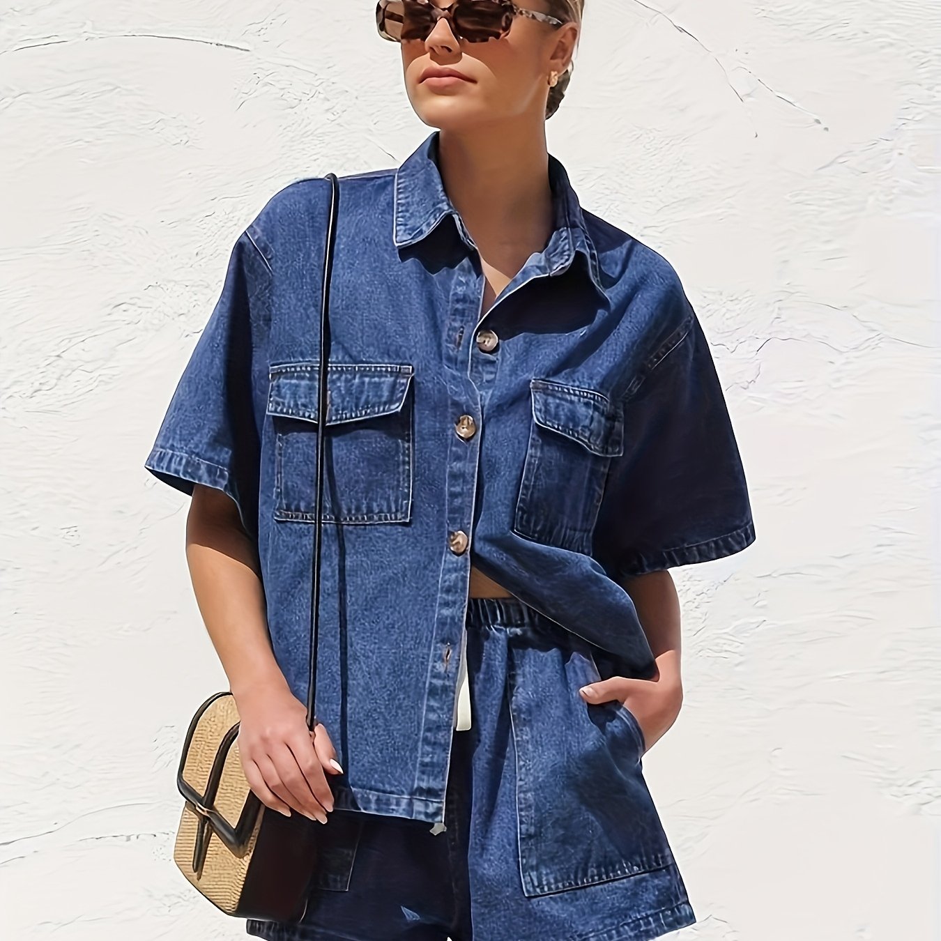 TEMU Women's Summer Vintage Navy Blue Denim Set, Including A Short-sleeve Work Shirt And Drawstring Shorts. After Washing, This Casual Denim Set Will