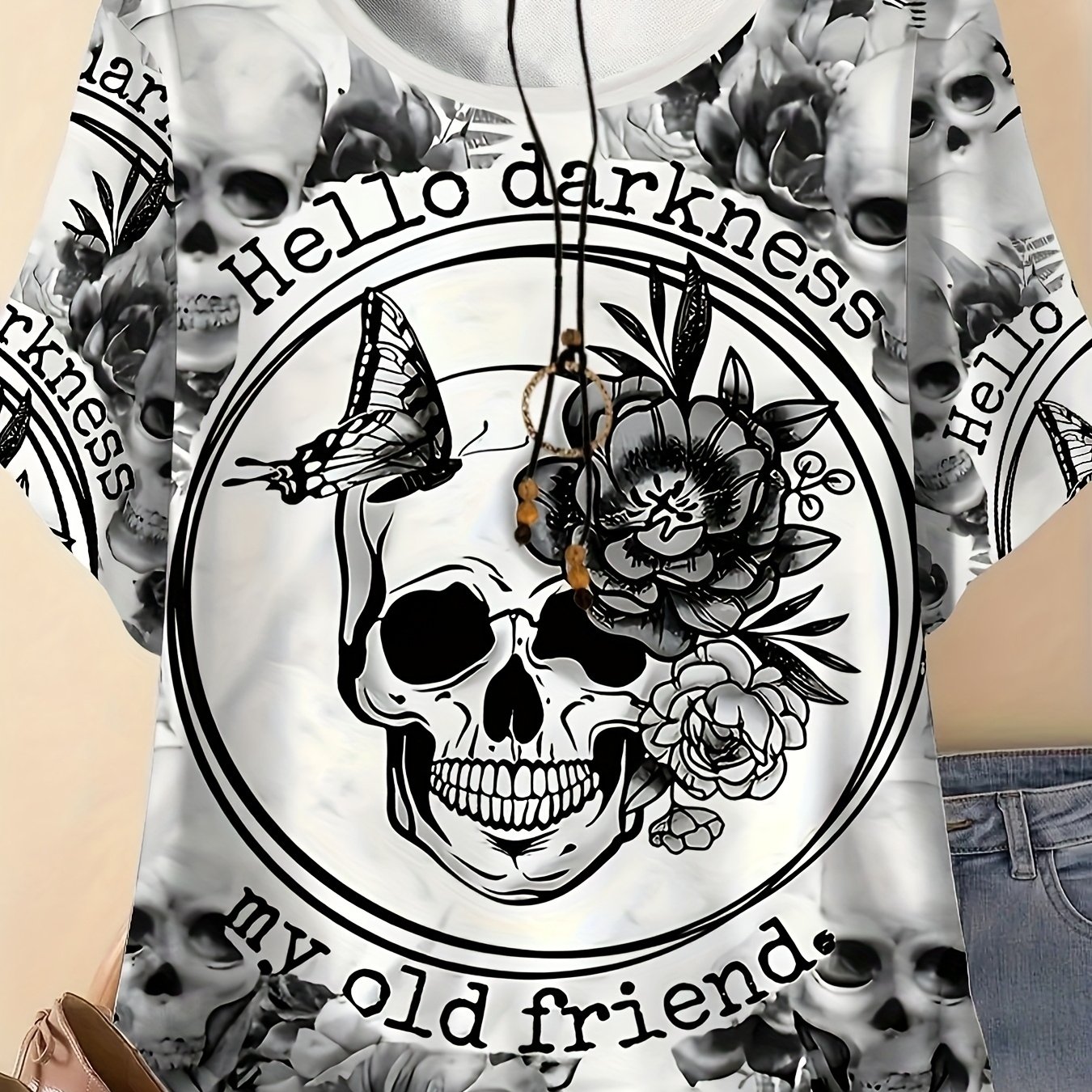 Plus Size - Women's Plus Size 3d Printed Skull And Floral Pattern T-shirt - Black And White , Round Neck Casual Elegant Top, Machine Washable For , Vacation Apparel, Shirt