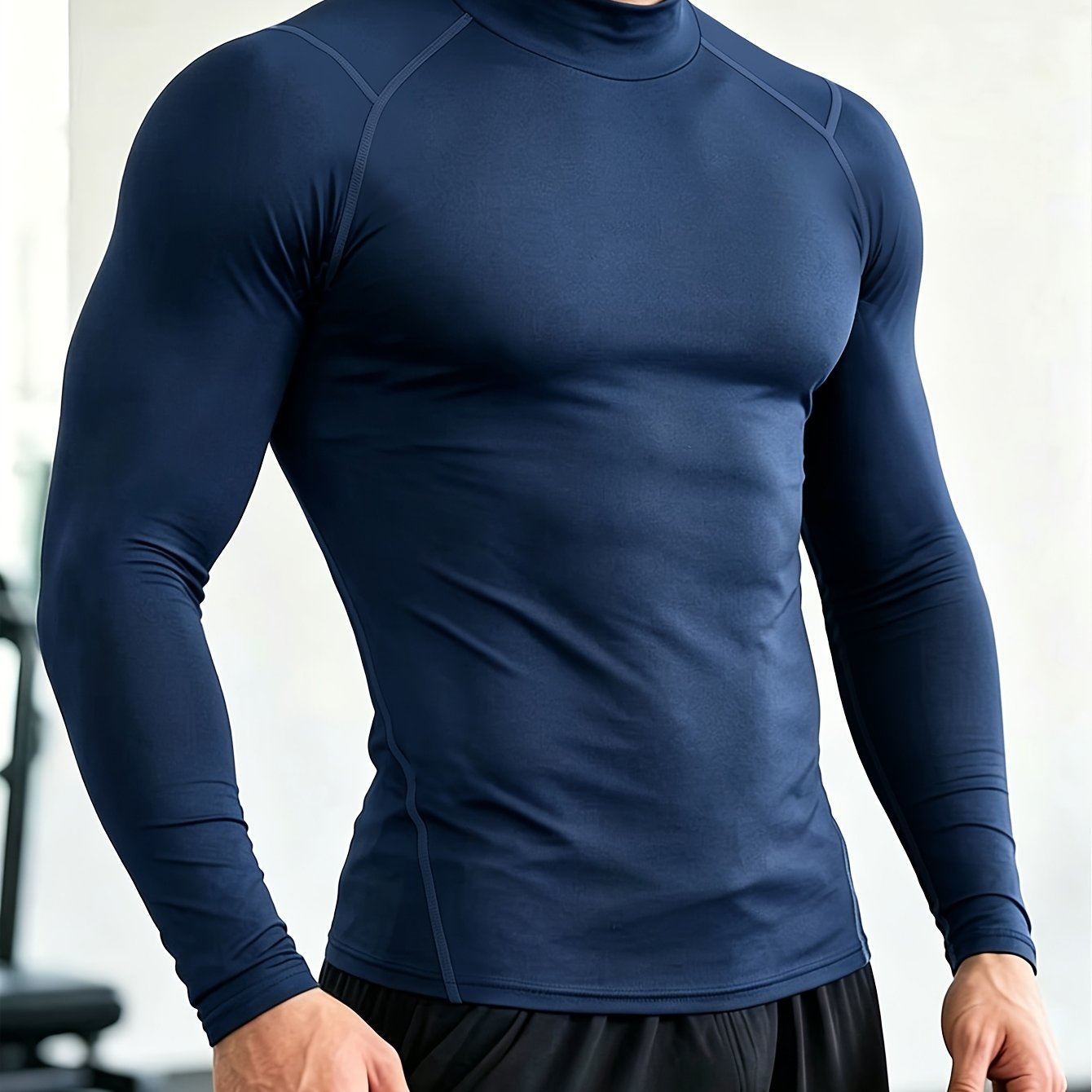 TEMU Men's For Sports Fitness High-neck Solid Color Quick-dry Long-sleeve Shirt, With Breathable Elastic Fabric, Tight-fitting Style, Suitable For