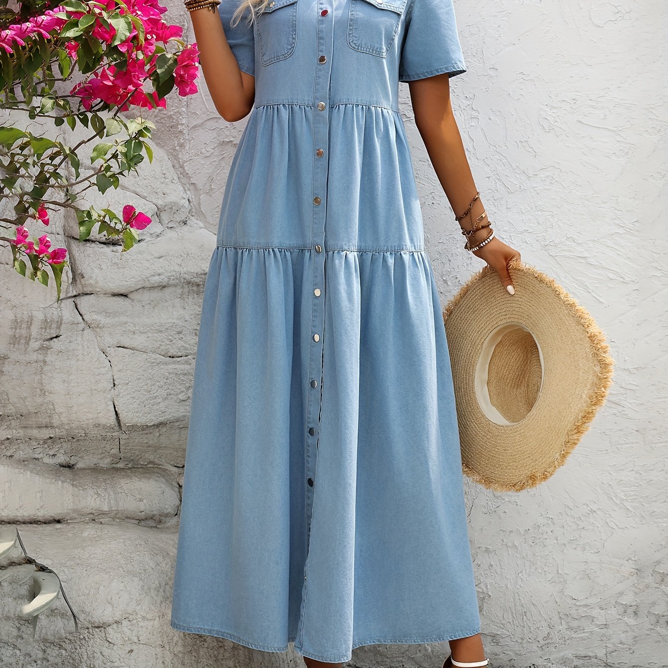 TEMU Elegant Denim Maxi Dress With Short Sleeves - Button-up, Non-stretch Cotton Blend, Machine Washable - Chic Women's Fashion, Plus Size Denim Dresses