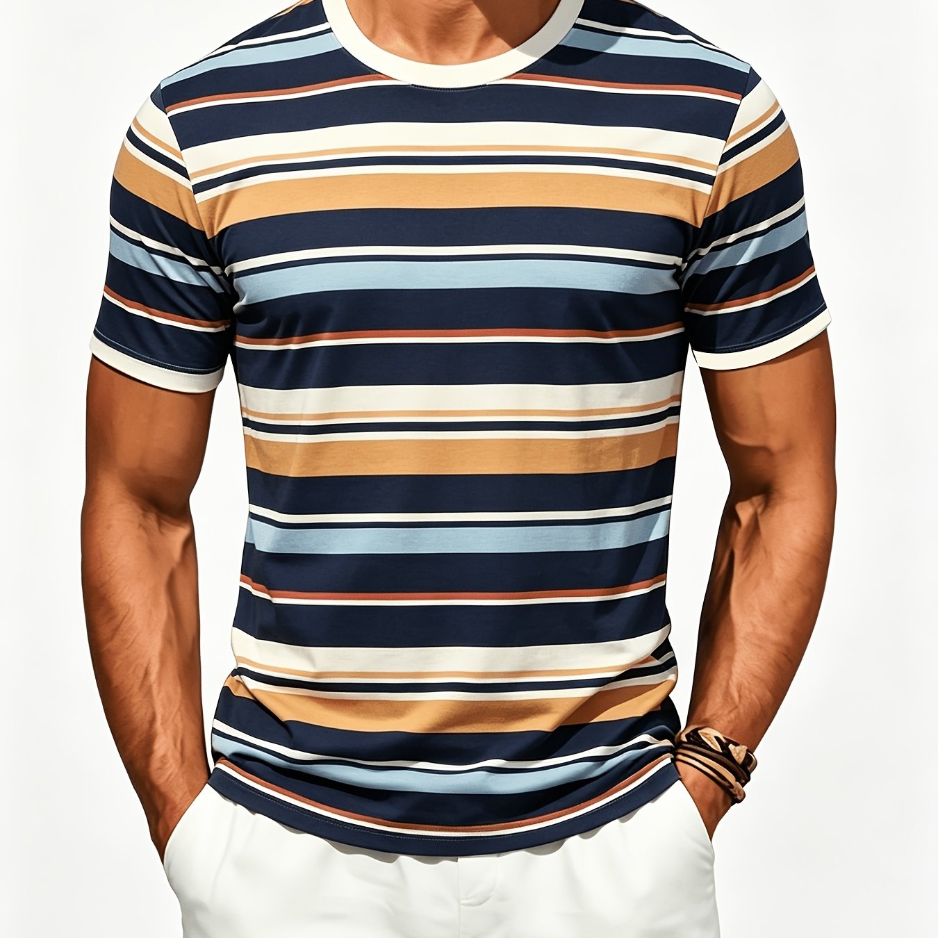 TEMU [print Design-non-textured] - Men's T-shirt, Retro Wide Stripe Short Sleeve, Round Neck Casual Top, Color-, Suitable For Multi-scene Wear, Style