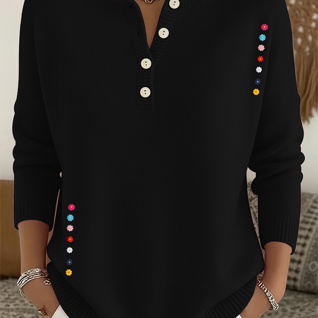 TEMU Nouveau pull tendance pour femme à demi-boutonnage, avec col rond, manches longues et un motif imprimé. Un pull élégant, , attrayant, et