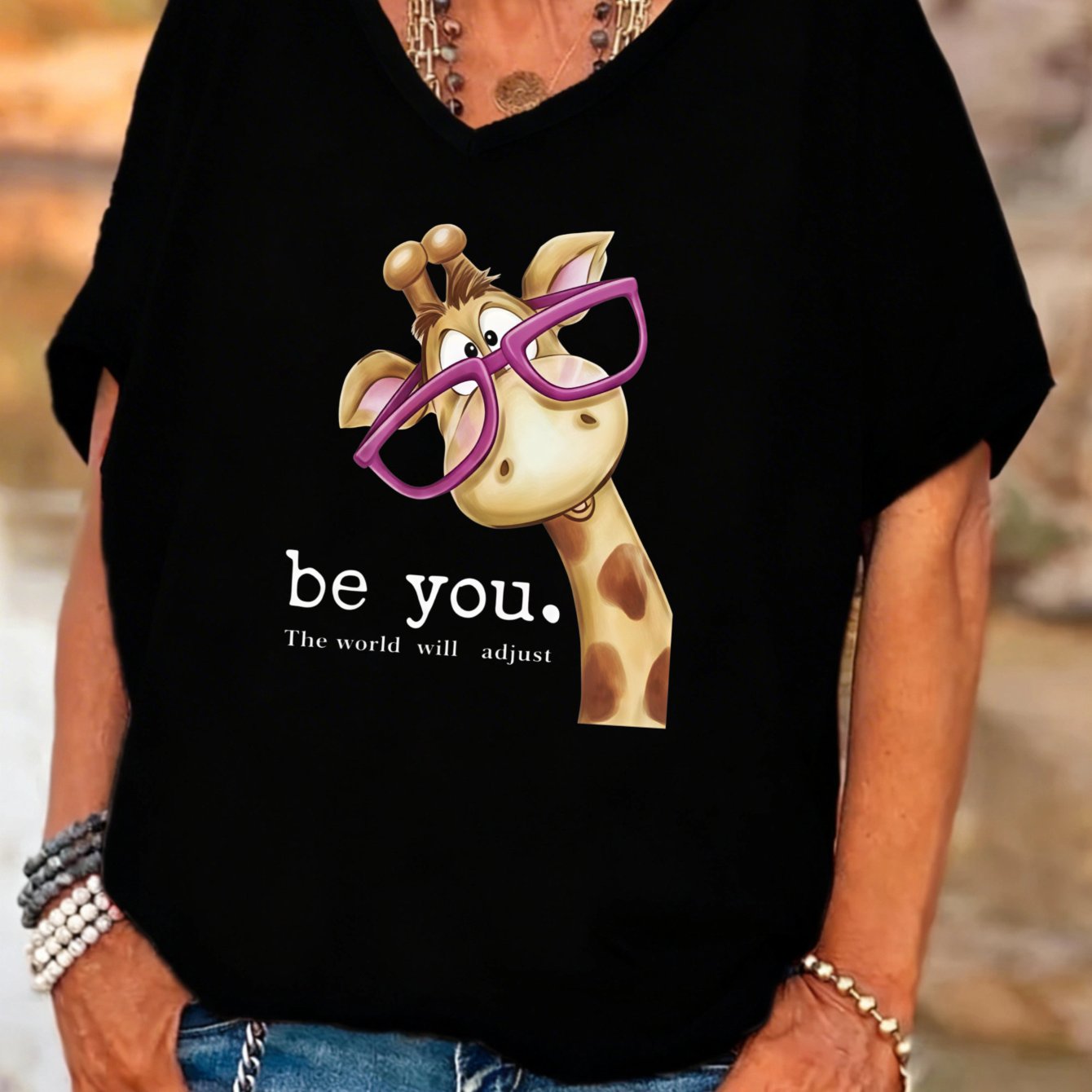 TEMU Plus Size, Plus Sizecasual Fashion Women's V Neck Batwing Sleeves T Shirt Giraffe With Glasses The World Will Adjust Graphic Print Summer Wear