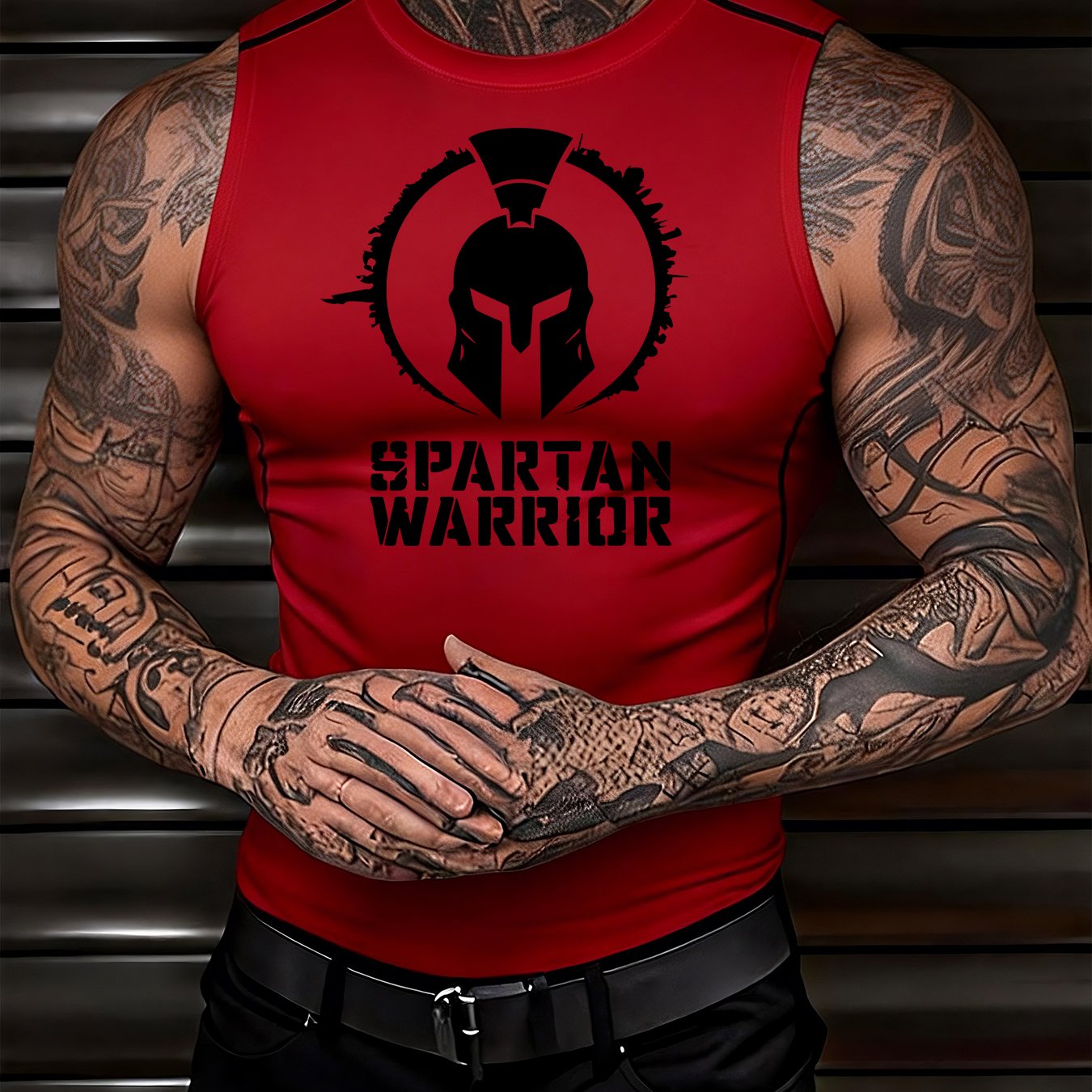TEMU Men's Printed Sleeveless Vest Featuring A Spartan Warrior Design, With Stretchy And Form-fitting , Ideal For Sports, Fitness, Cycling, And