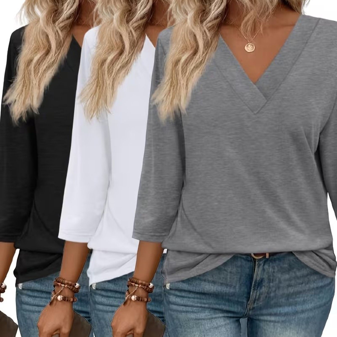 TEMU 3pcs Set Women's European And Three-quarter Sleeve Top, V-neck Loose T-shirt