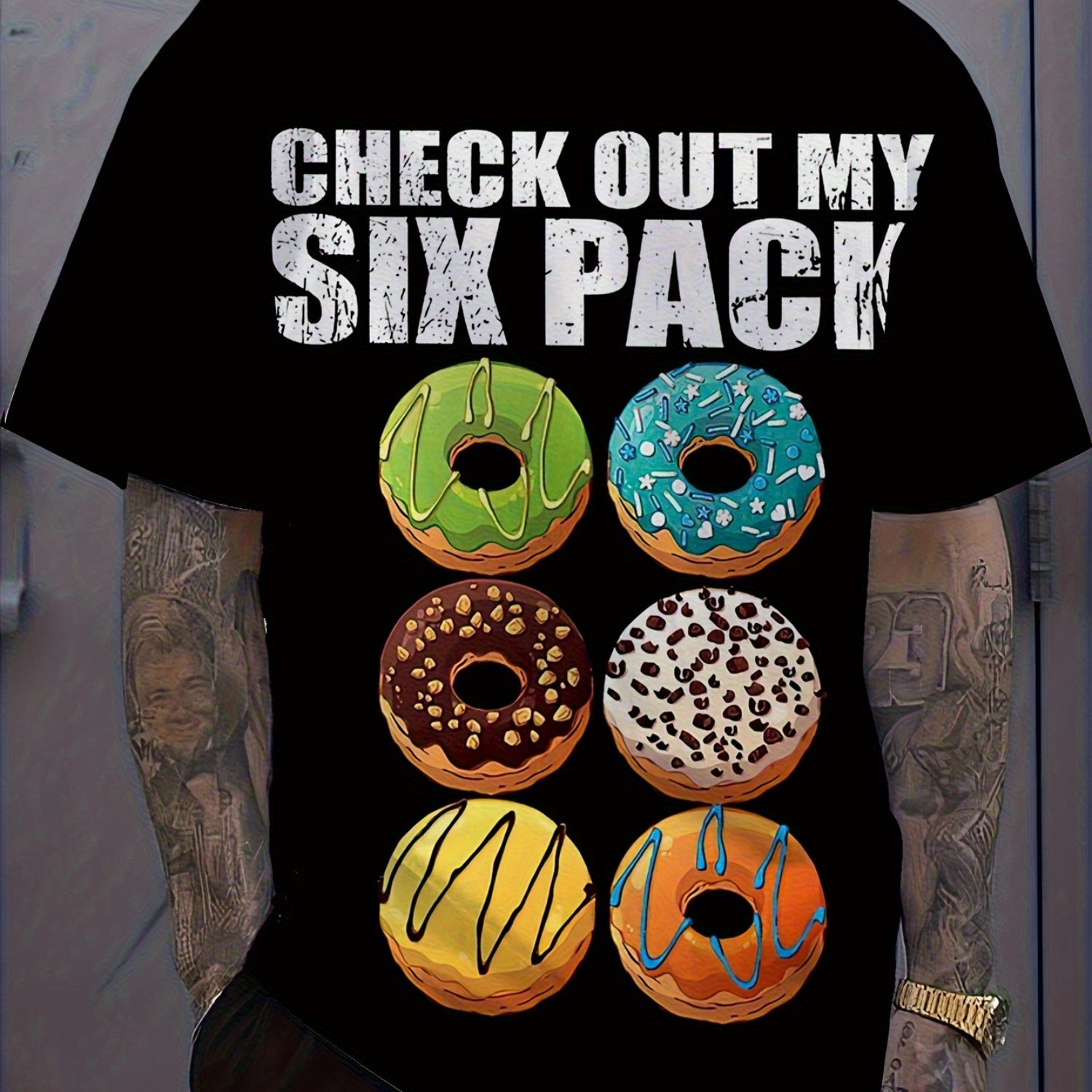 TEMU Men's Plus Size Printed Fashion Casual Crew Neck T-shirt With Donut Pattern Summer Versatile Suitable For Outdoor Machine Washable