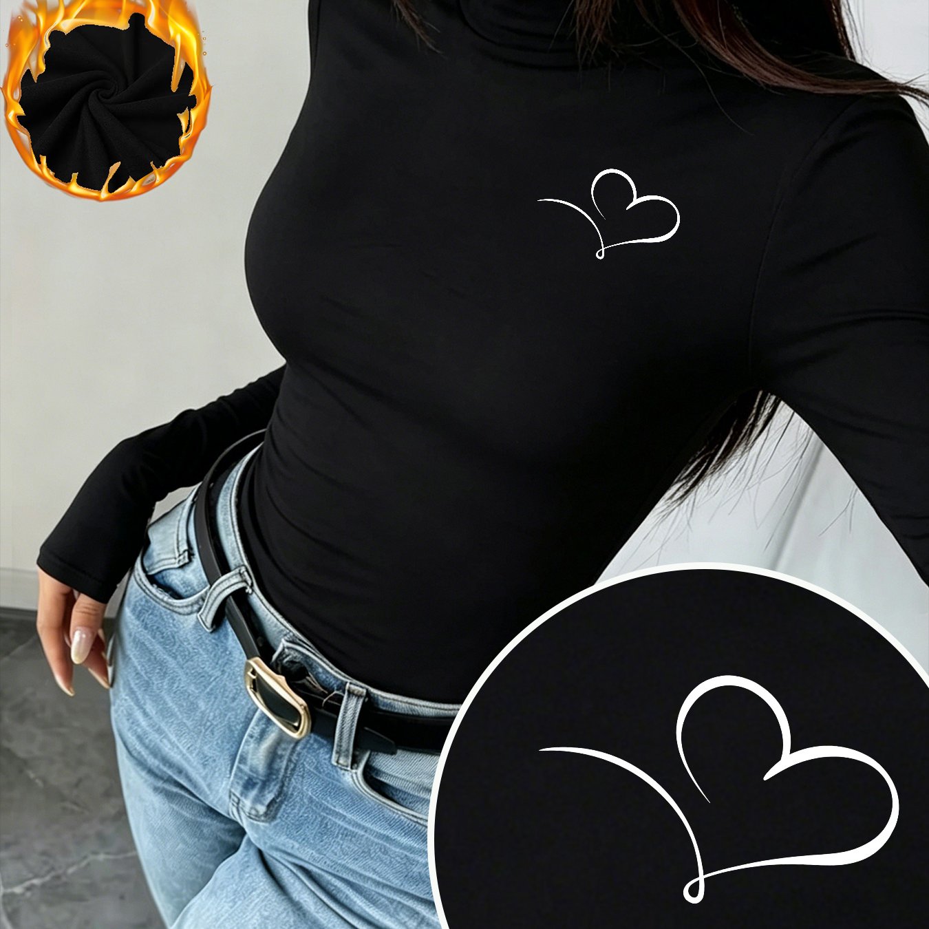 TEMU Elegant Single-line Heart Pattern German Velvet Thermal Women's Autumn/winter Y2k Casual Slim- Layer Top, Long-sleeve Thickened Warm T-shirt,