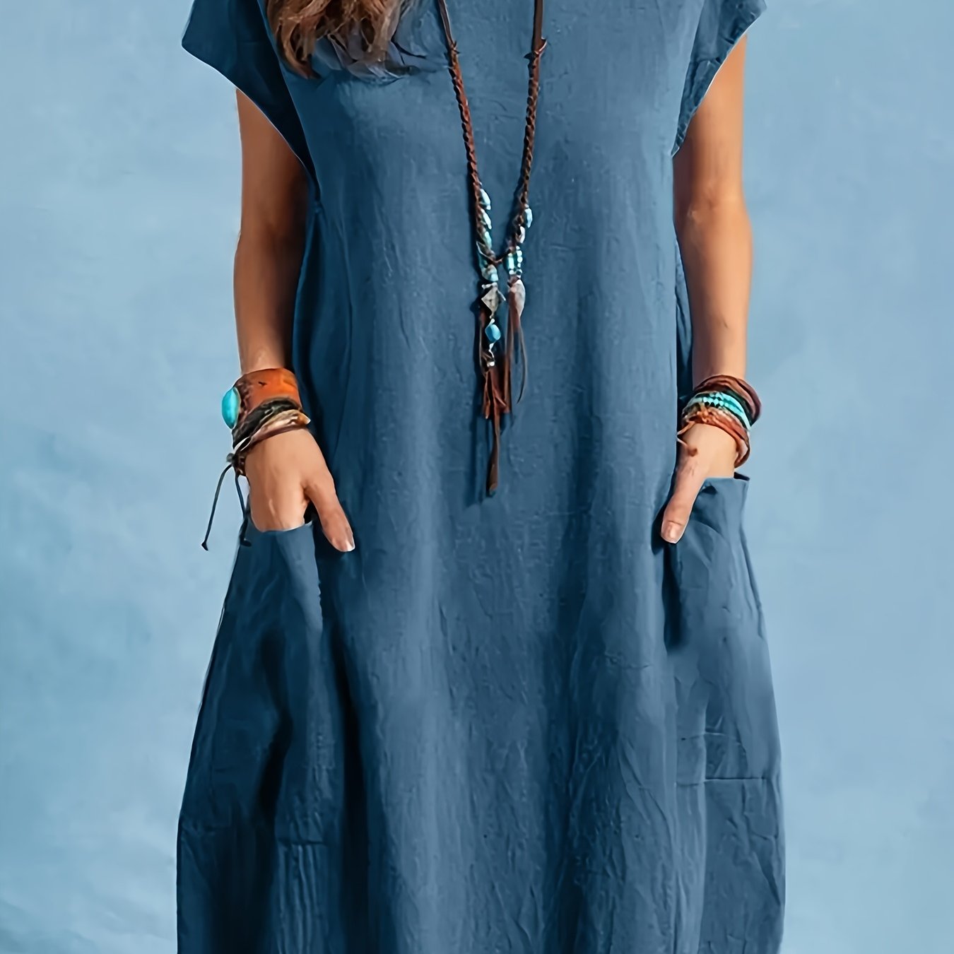 Plus Size, /summer Plus Size Women' Color Casual Comfortable Pocket Round Neck Batwing Sleeve Dress