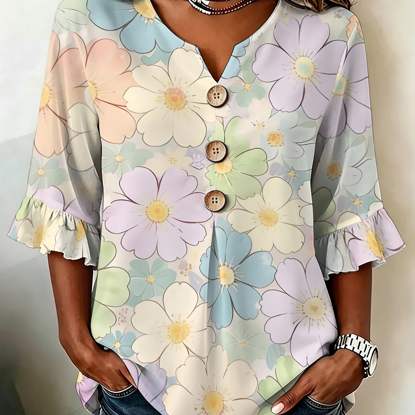 TEMU Plus Size, Plus-size Women's Fashionable Ruffle Sleeve V-neck Shirt, Spring Sea Of Flowers Print, Mixed Colors, Multiple Sizes , Stylish And