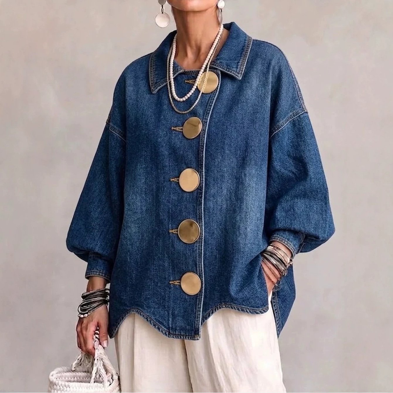 TEMU Women Oversized Denim Jacket Lapel Lantern Long Sleeve Big Golden Button Irregular Hem Loose Casual Blue Jean Outerwear