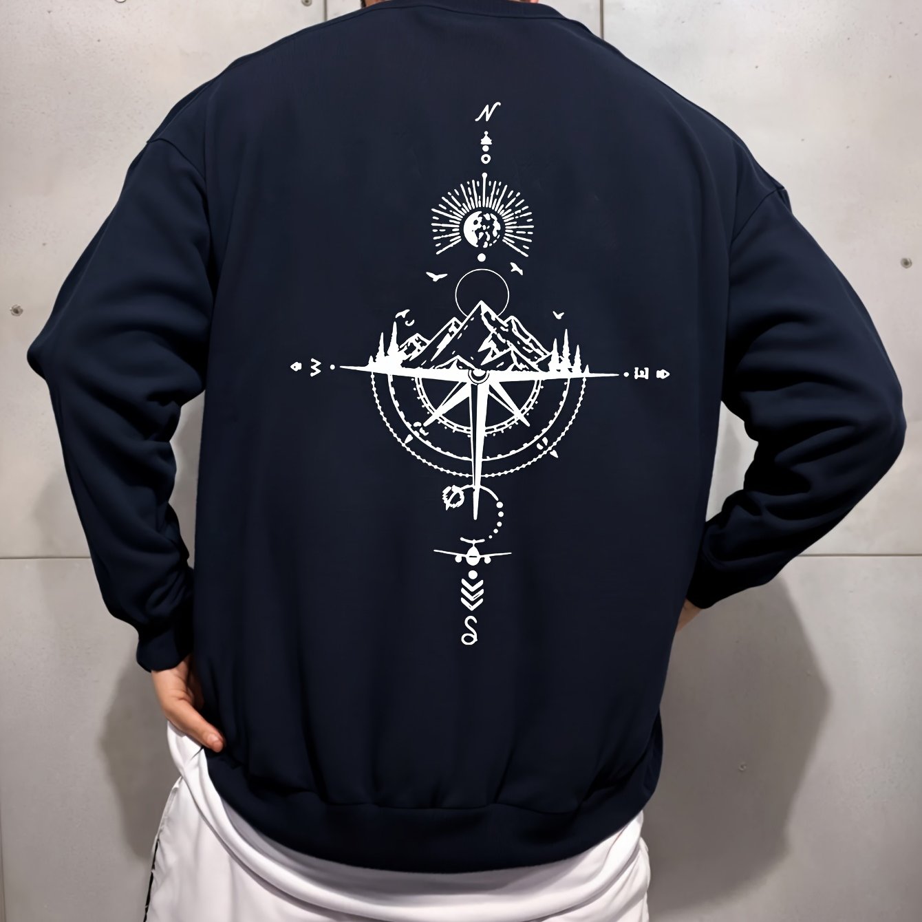 TEMU Men's Geometric Compass Sun And Bird Crew Neck Long Sleeve Sweatshirt