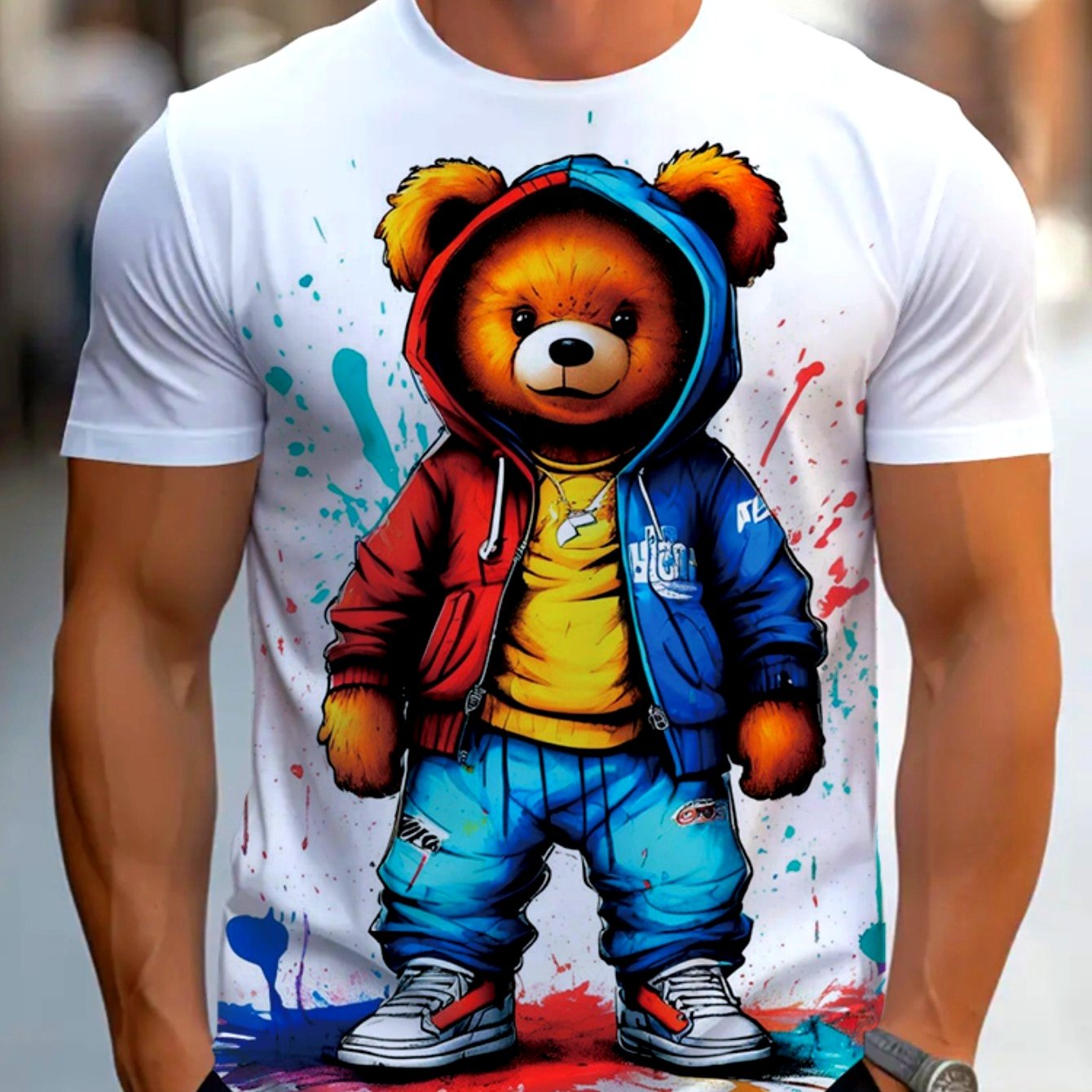 TEMU Men's High T-shirt With Cool Teddy Bear Graphic, Lightweight And Comfortable For Daily Wear, Perfect For Sporty And Fashionable Styles