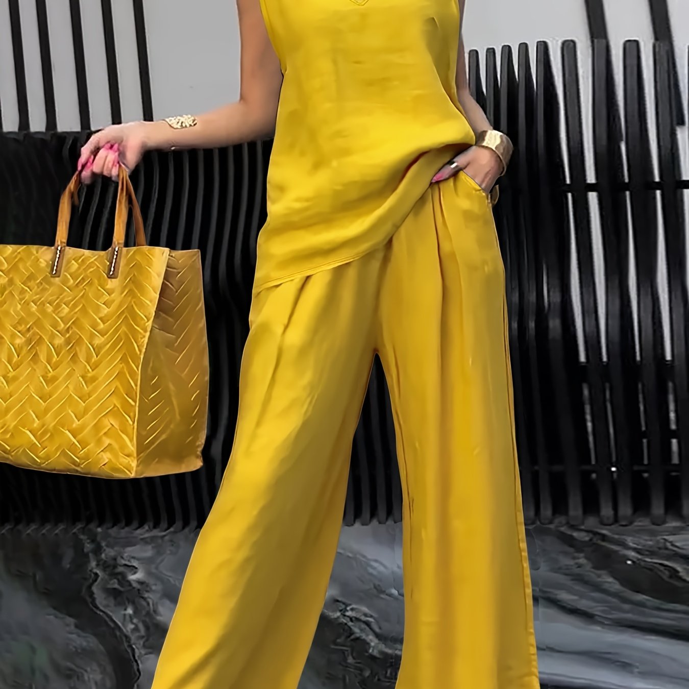 TEMU Women's Casual 2pcs Set Solid Color Loose Sleeveless V-neck Tank Top   Wide-leg Pants