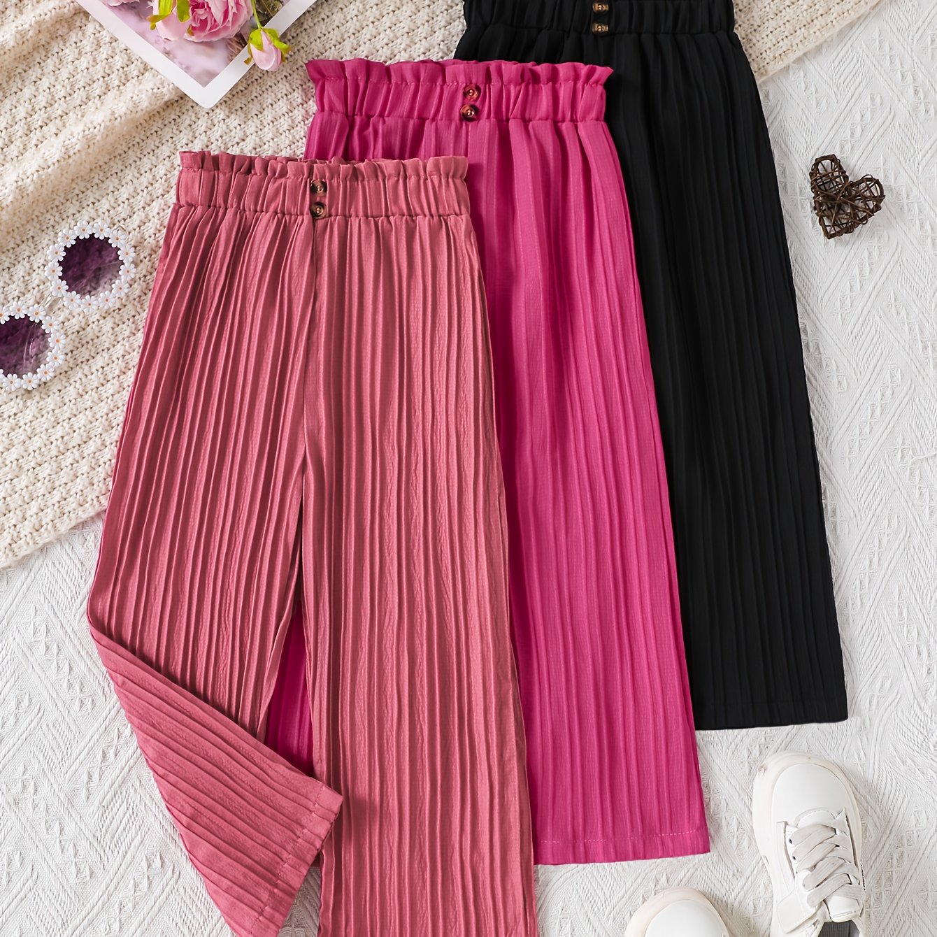 Image of 3pcs Young Girl Casual Comfortable Button Wide-leg Pants For Spring/fall, Suitable As A Gift To Daughter, Perfect For Outdoor, Back To School Essentials