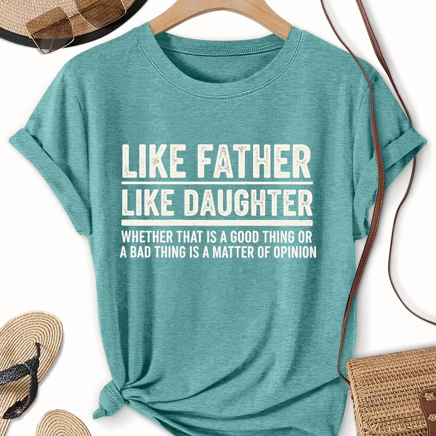 TEMU T-shirt à manches courtes pour femme avec imprimé humoristique « Tel père, fille », haut décontracté à col ras du cou, adapté pour , l'été et .