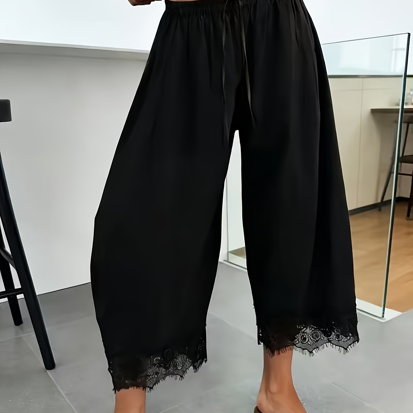 TEMU Women's Fashion Solid Color Lace Loose Wide Leg Pants