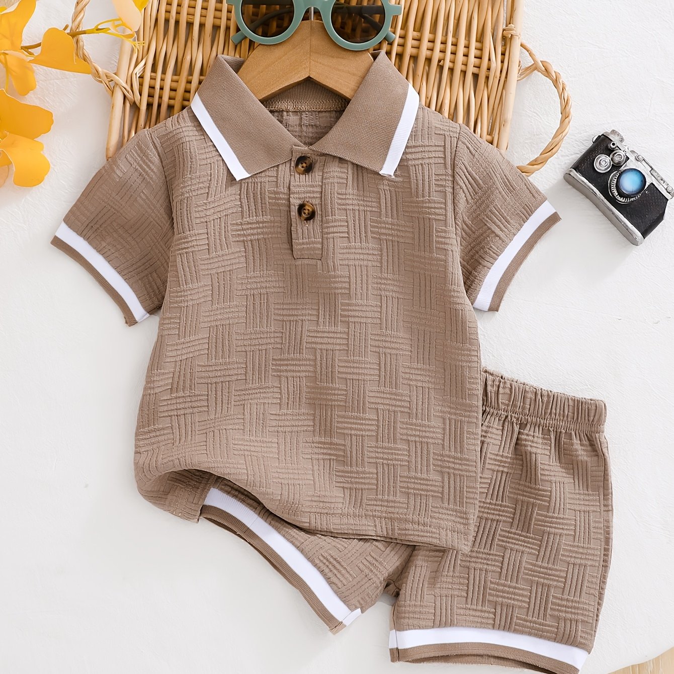 Boys' Summer 2pcs Shirt And Shorts Set, Jacquard Fabric Perfect For Outdoor, Back To School