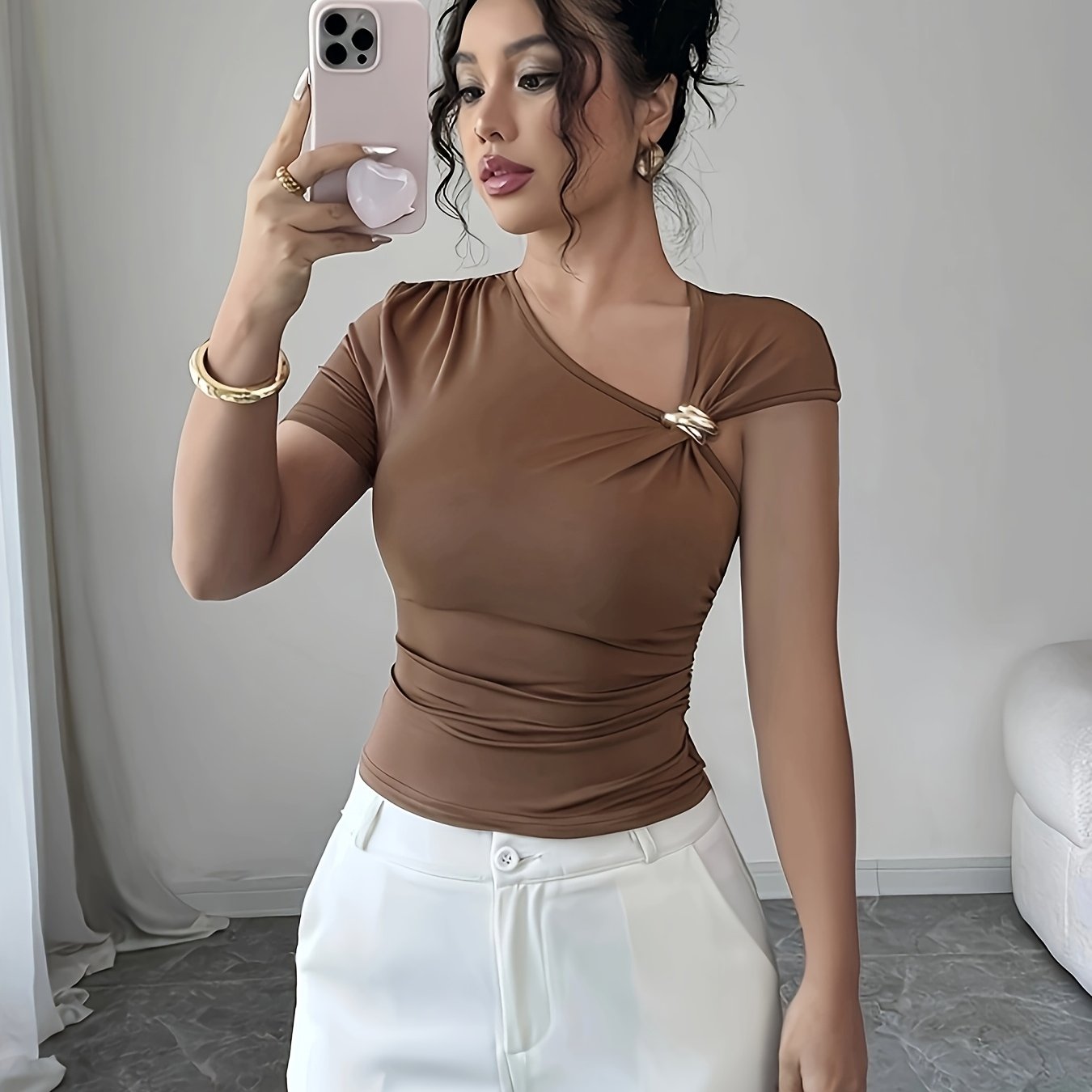 TEMU Camiseta de Mujer Y2K Asimétrica con Botones en el y Manga Corta - Blusa de Color Sólido, Top de Elasticidad Media y Lavable a Máquina para Uso