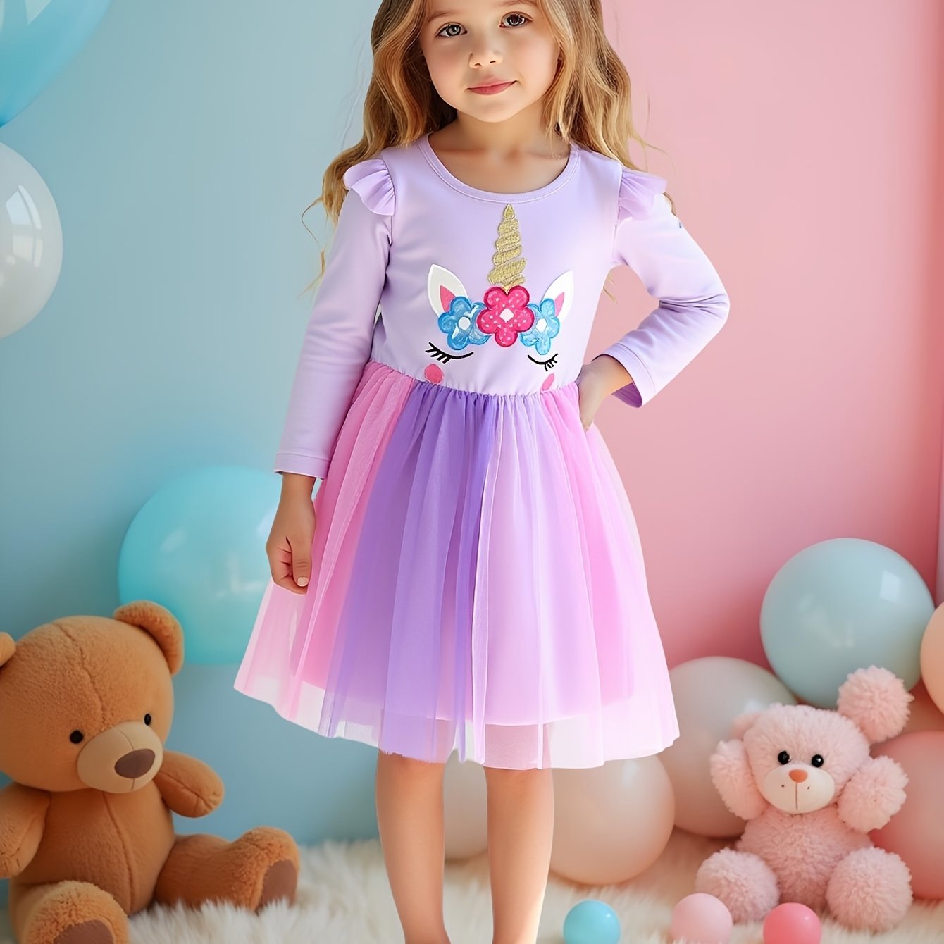 Image of Purple Unicorn Girls' Dress With Long Sleeves, Flutter Sleeves, And Mesh Hem - Dress