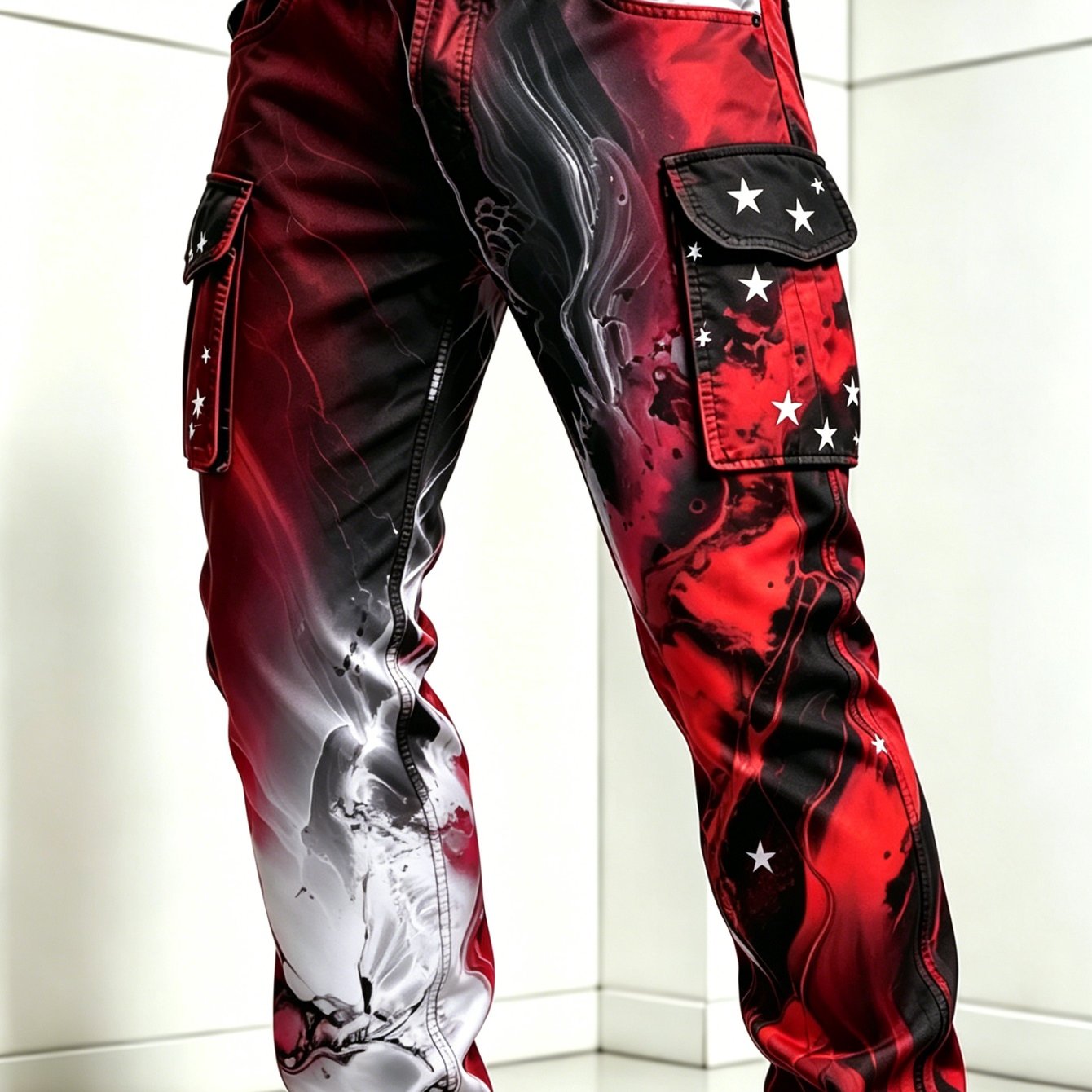 Men's Red And Black Gradient Print Cargo Pants, Loose Straight-leg Versatile Multi-pocket Street Casual Pants