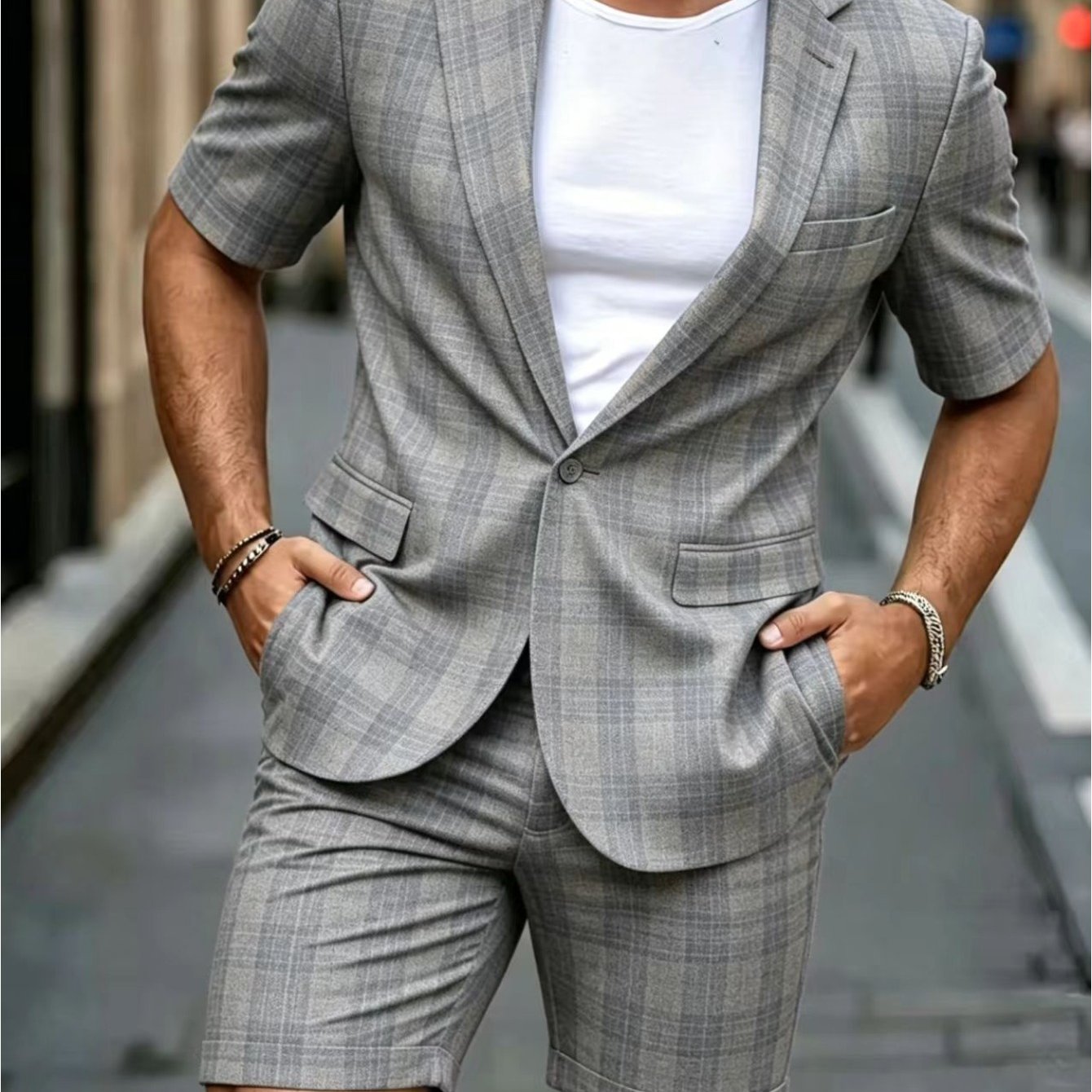 Image of 2pcs Men's Suit Fashion Suit Single Button Short Sleeved Suit Jacket+same Color Shorts Set Summer Casual Business Banquet Party