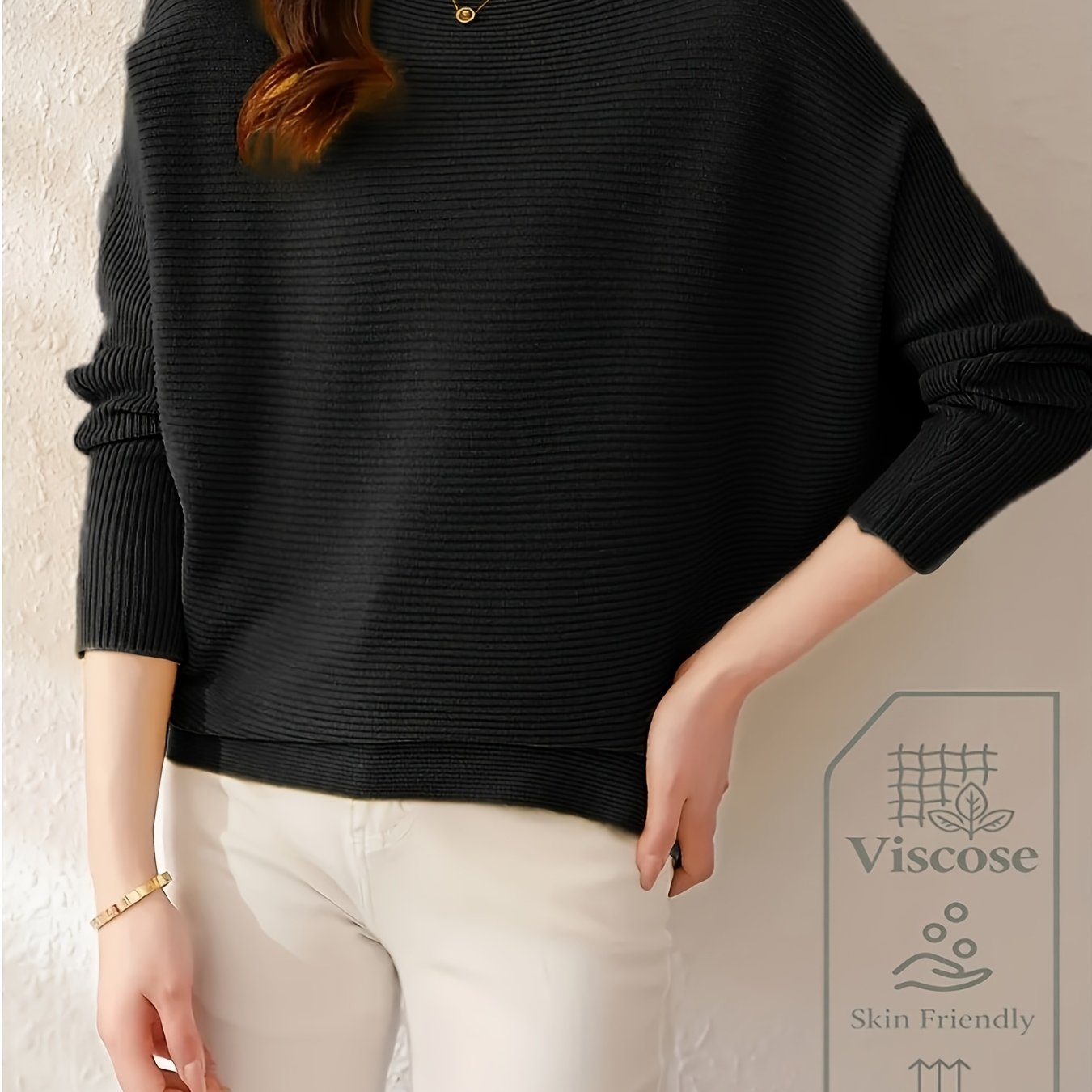 E-shop Eleganter Damen-Pullover in einfarbiger Ausführung mit Fledermausärmeln, Bootsausschnitt, weicher, lässiger Langarm-Pullover,