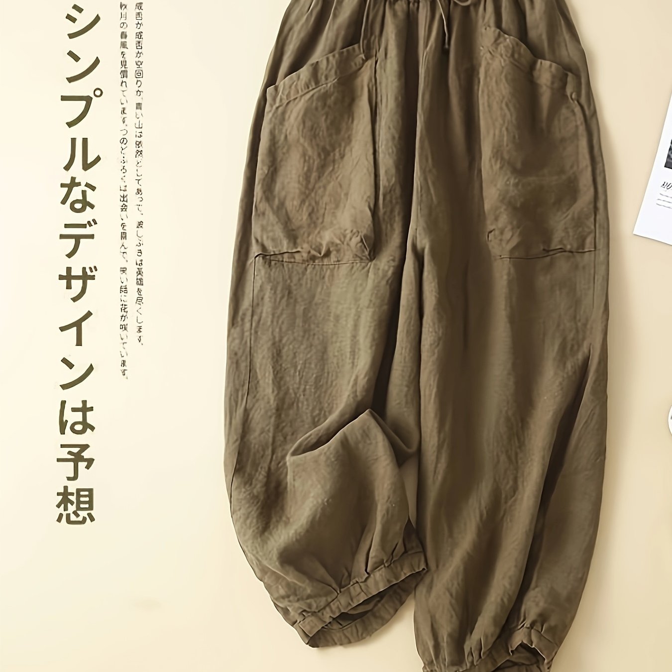 TEMU レディース ワイドレッグハーレムパンツ - 伸縮性ウエスト リネンズボホーズ ポケット付き 無地 ルーズフィット 通勤・普段着・春夏秋向け アウトドア＆袴スタイル カジュアルロングパンツ