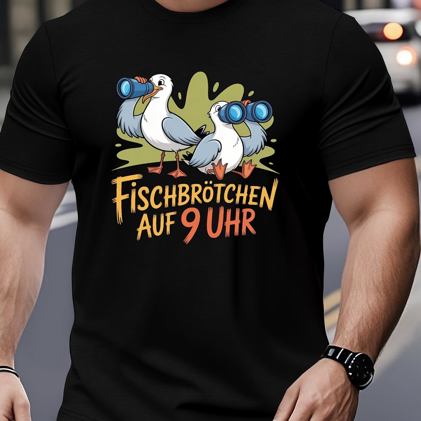 Image of Men's Short Sleeve Graphic T-shirt, Funny Cartoon With Binoculars Print, Casual Wear For Summer Daily And Weekend Outfits